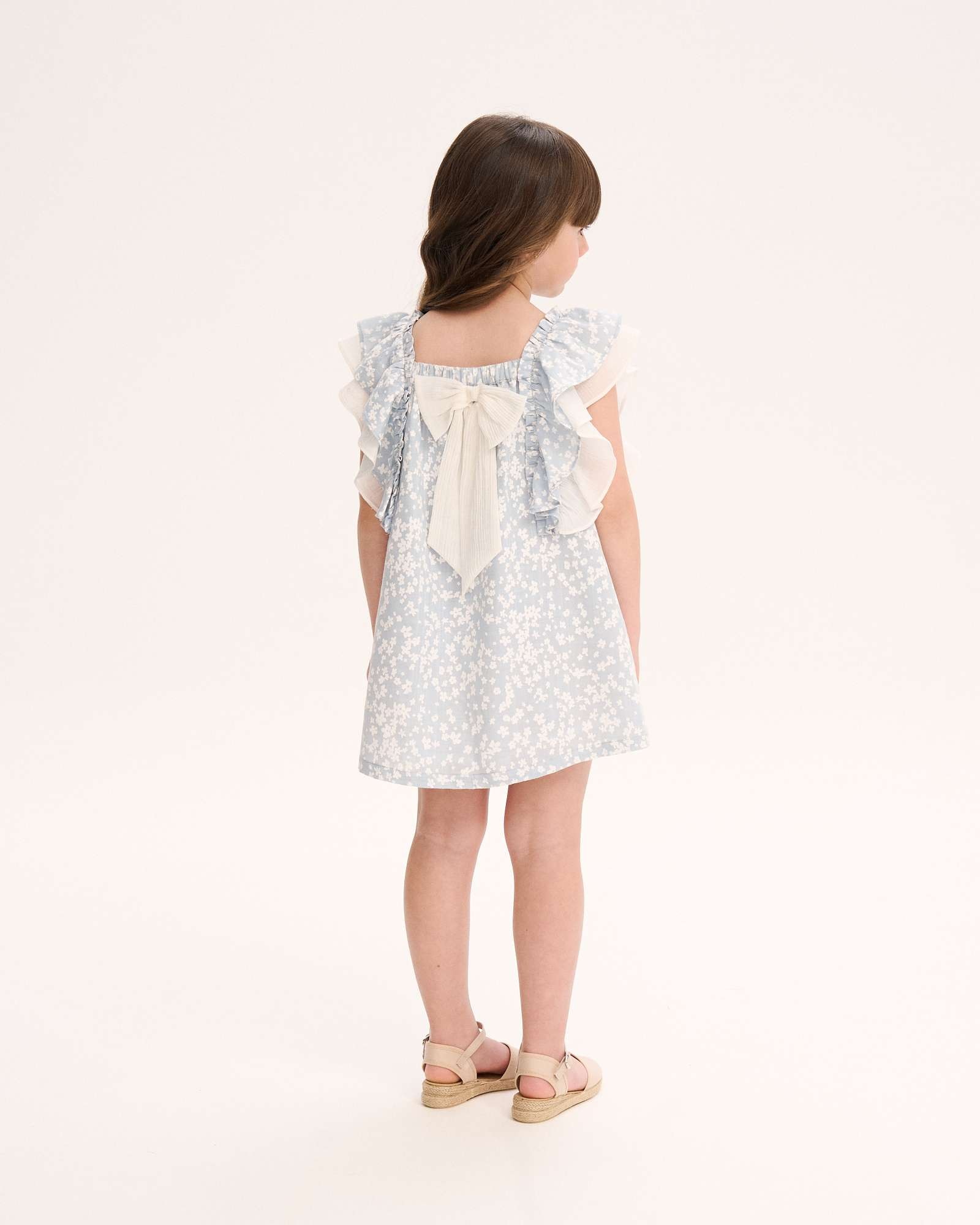 Vestido Infantil de Flores com Folho nas Mangas Azul / Branco-2