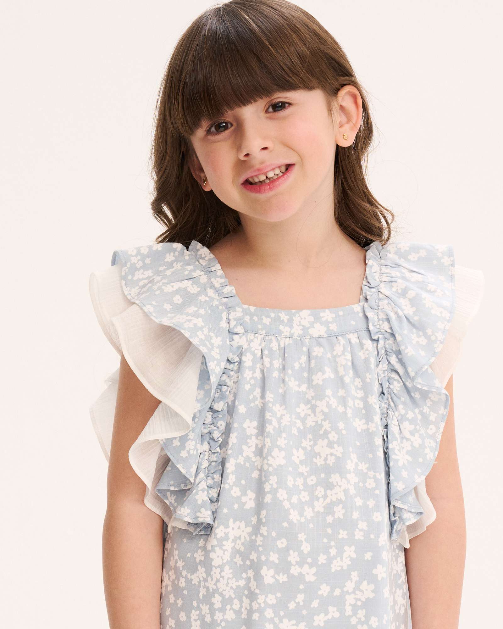 Vestido Infantil de Flores com Folho nas Mangas Azul / Branco-3
