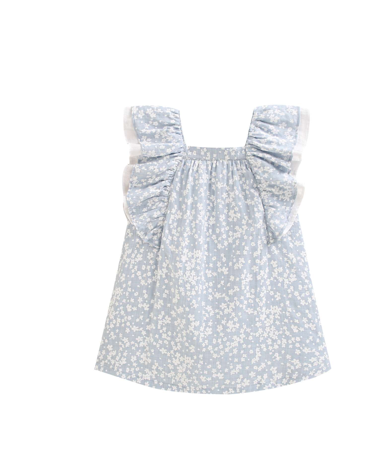 Vestido Infantil de Flores com Folho nas Mangas Azul / Branco-4