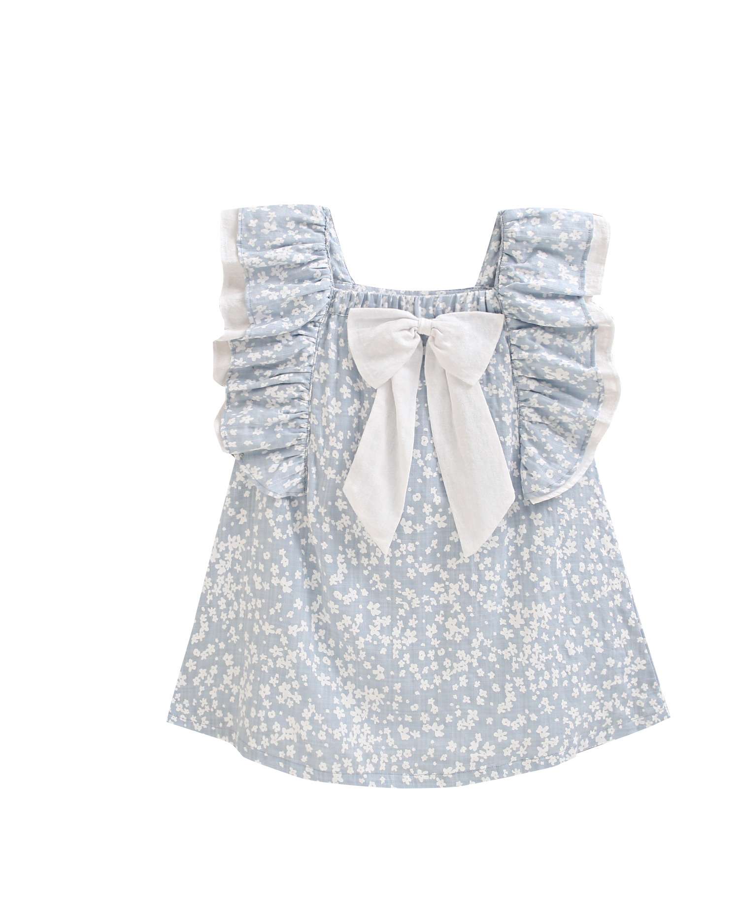 Vestido Infantil de Flores com Folho nas Mangas Azul / Branco-5