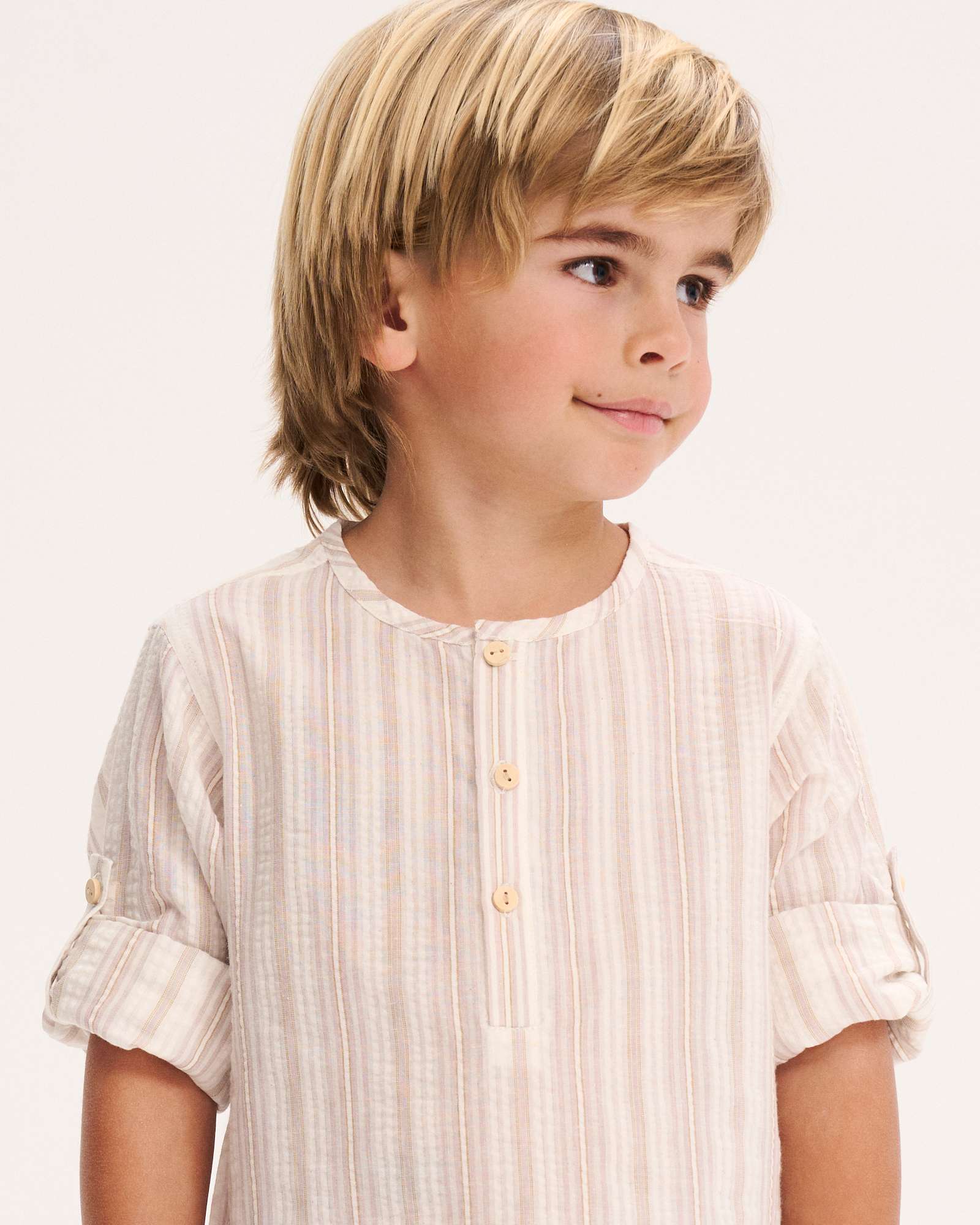 Camisa Infantil Às Riscas com Gola Redonda Dadati Natural-3