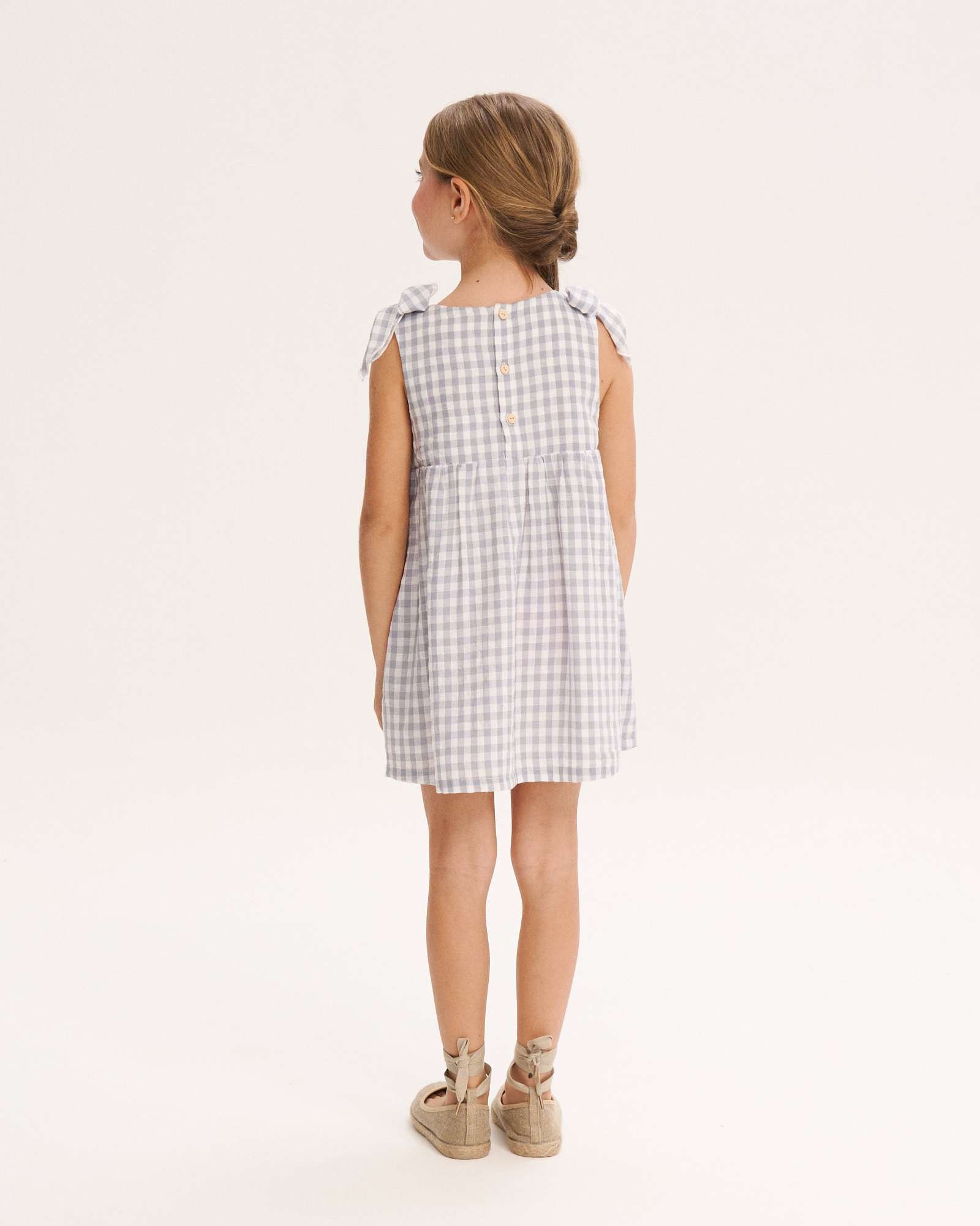 Vestido Infantil Cinzento Aos Quadrados com Gola em V Cinzento-claro-2