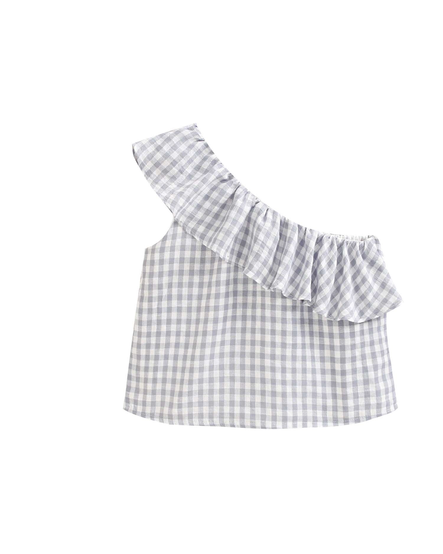 Blusa Aos Quadrados Assimétrica com Folho na Alça Infantil Dadati Cinzento-claro-4