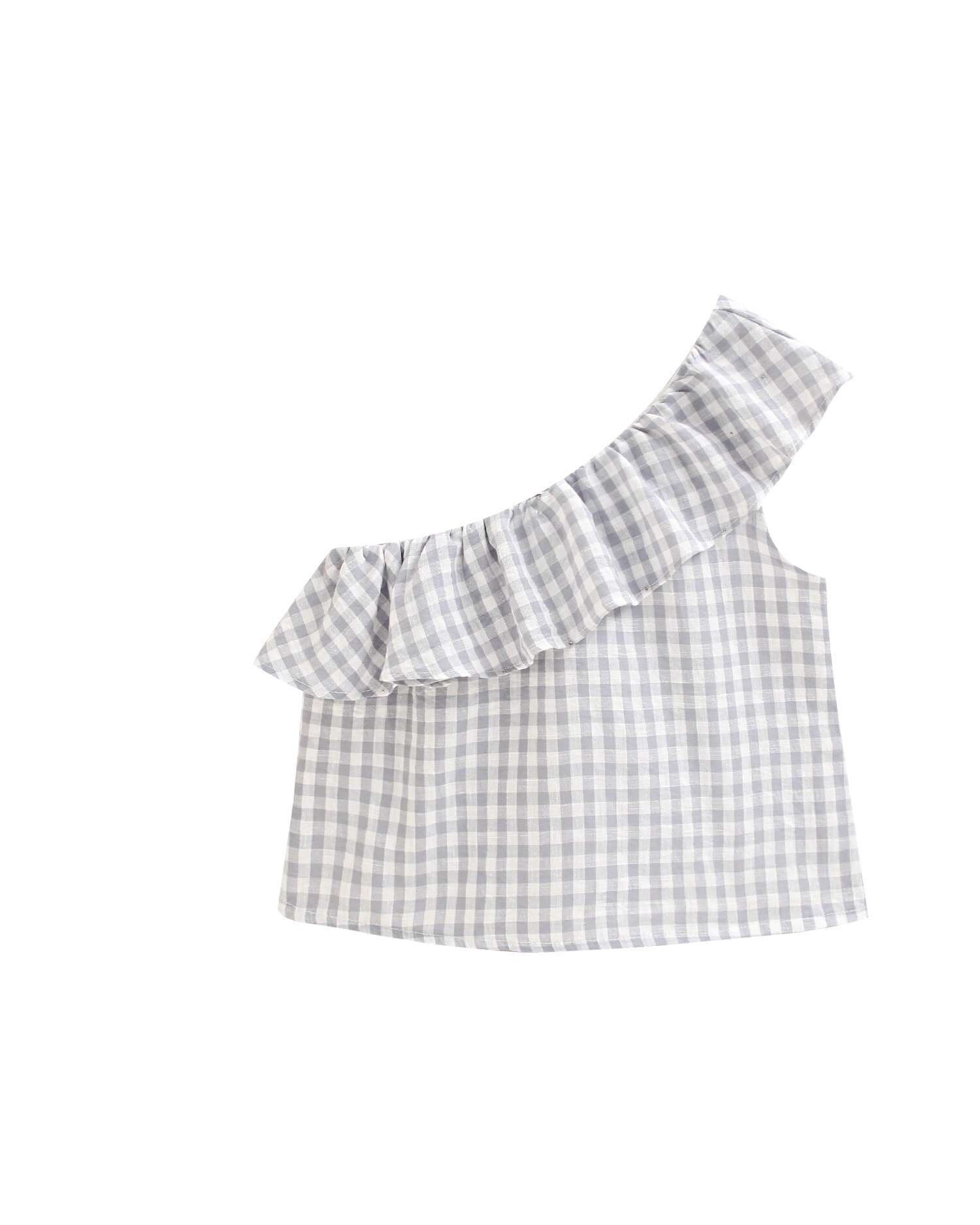 Blusa Aos Quadrados Assimétrica com Folho na Alça Infantil Dadati Cinzento-claro-5