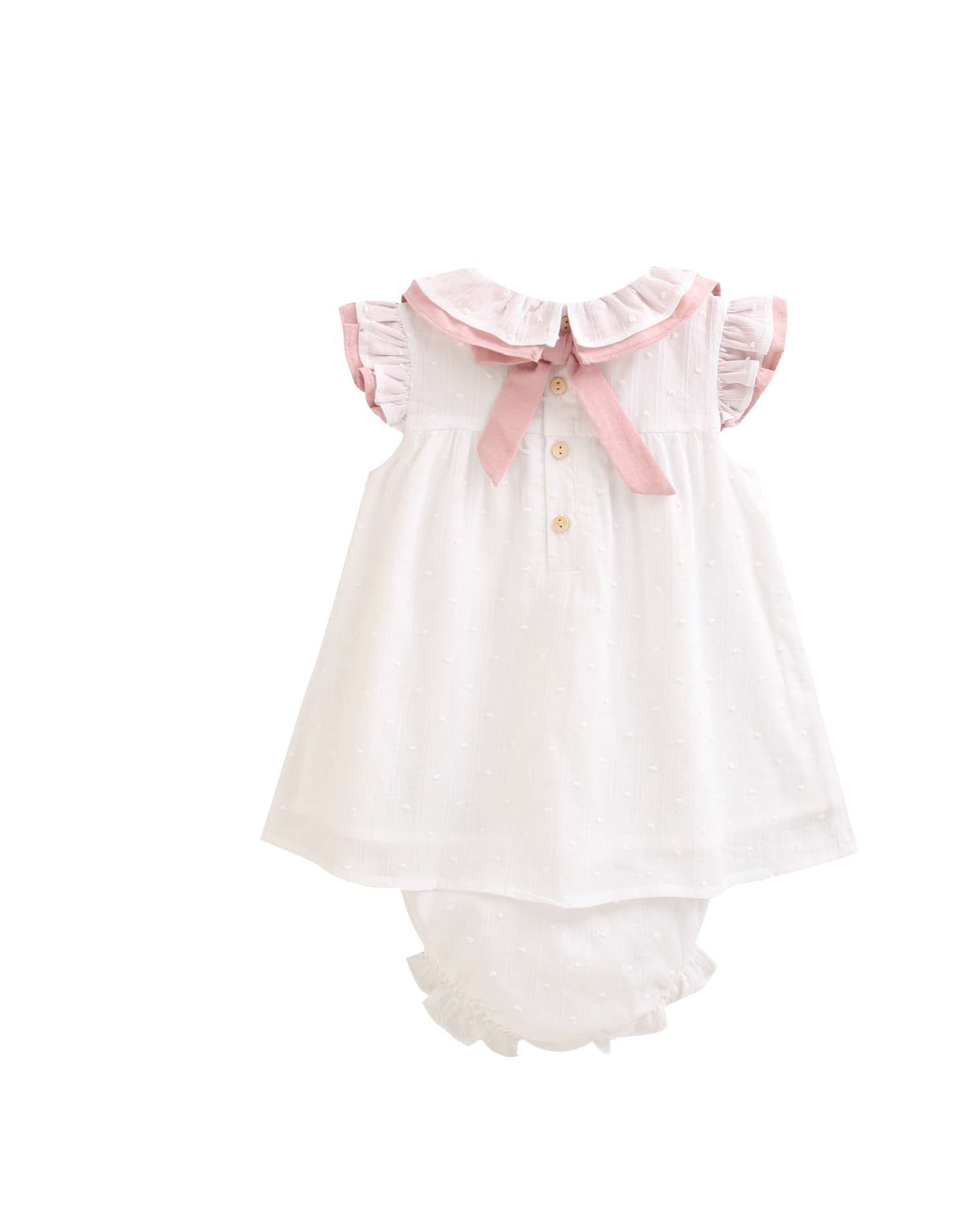 Vestido para Bebé de Plumeti com Folho na Gola Dadati Branco / Rosa-2