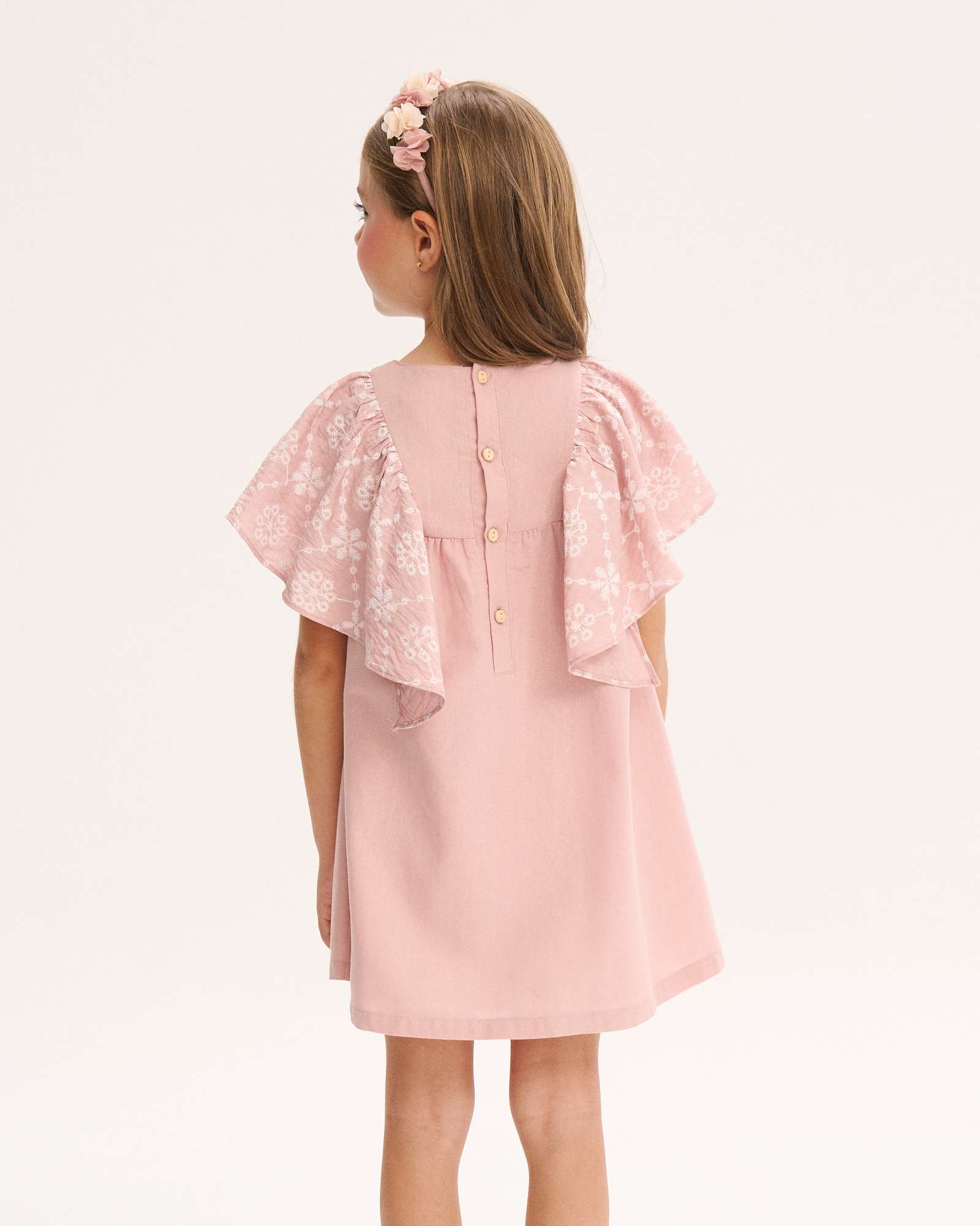 Vestido Infantil com Folho de Flores Bordadas nas Mangas Dadati Rosa-2