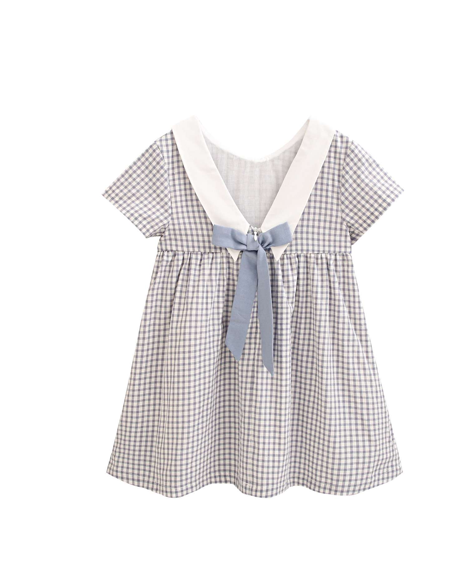 Vestido Infantil Aos Quadrados e Gola Bebé em V Cinzento-claro-5