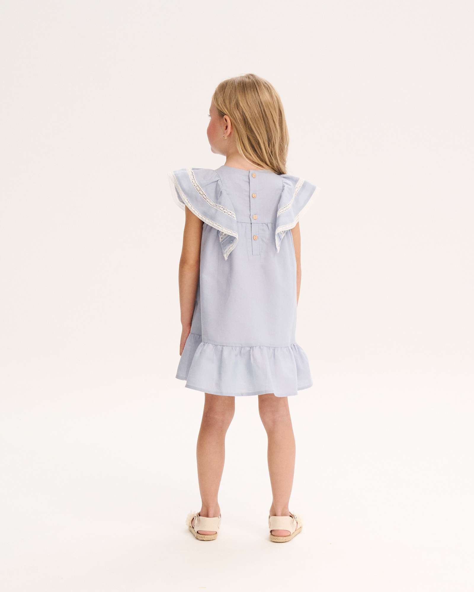 Vestido Infantil de Linho com Pregas na Peitilheira Dadati Azul / Branco-2