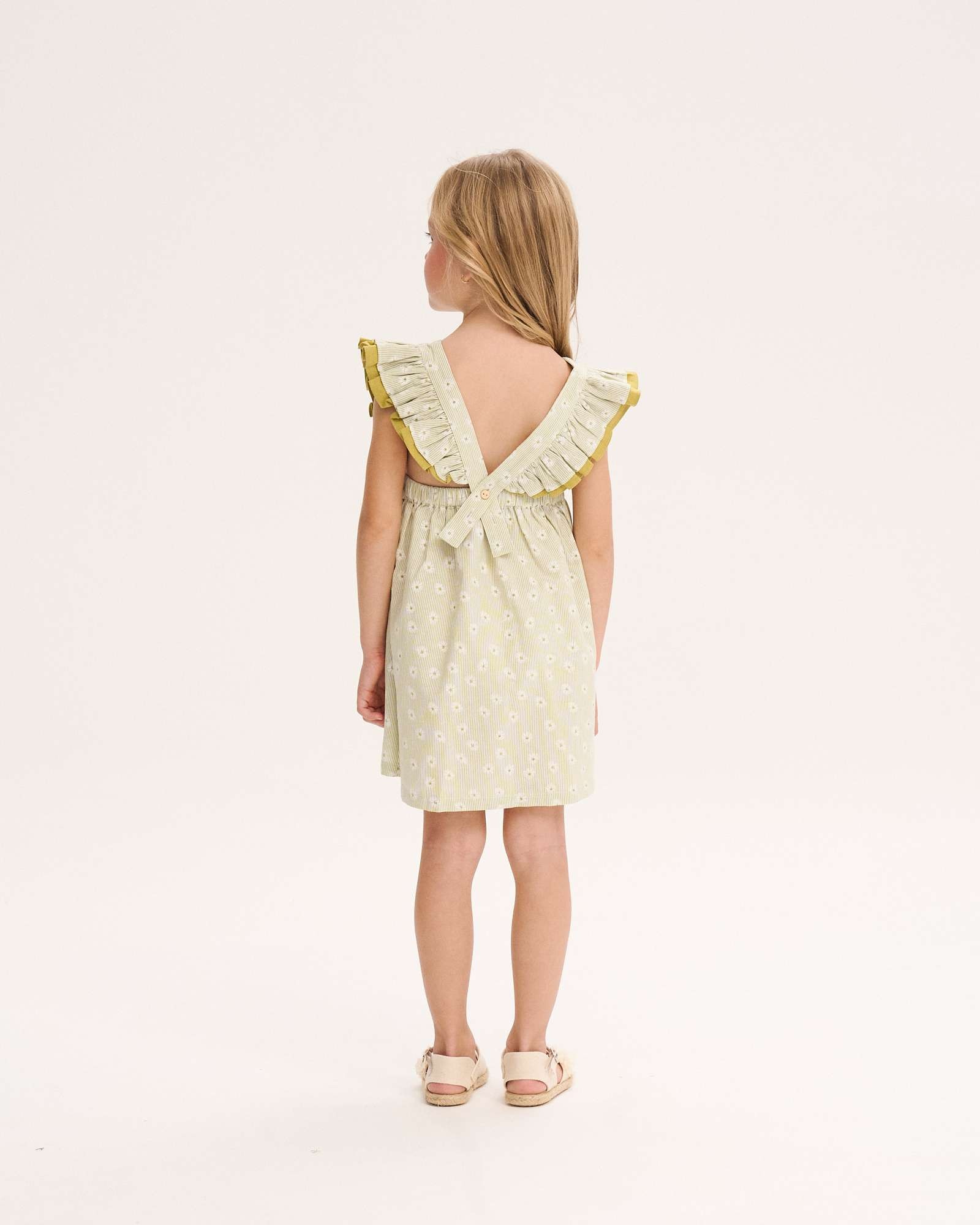 Vestido Infantil com Estampado Às Riscas e Flores com Folhos Dadati Verde-menta-2