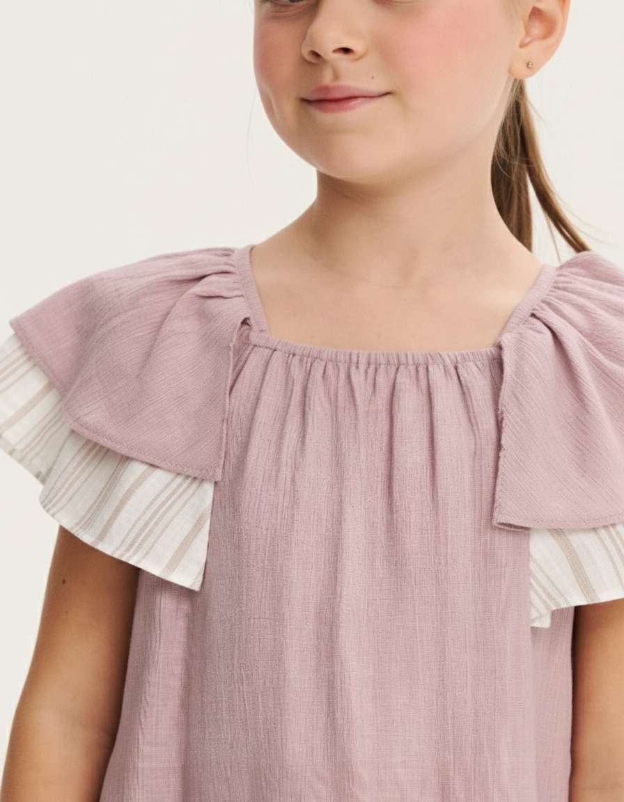Vestido Infantil com Manga Folho e Estampado Floral Malva-3