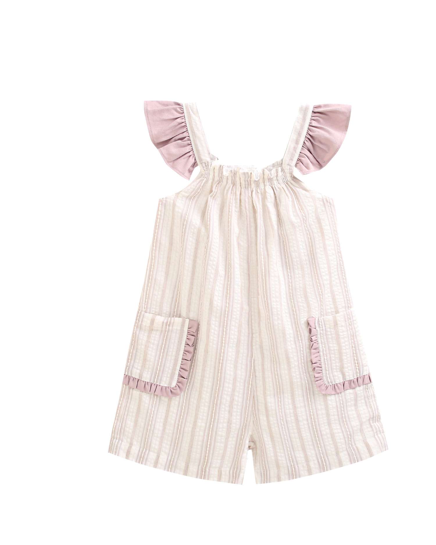 Macacão Infantil Às Riscas com Folho nas Alças Dadati Branco-5