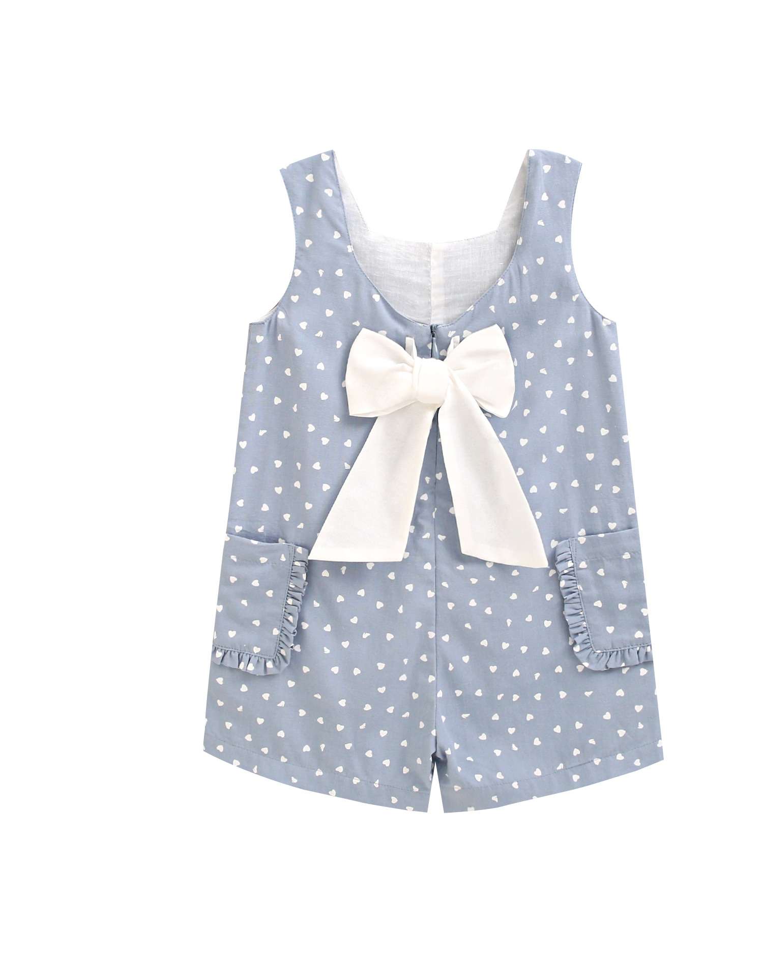 Macacão Infantil com Estampado de Corações e Laço nas Costas Dadati Azul / Branco-5