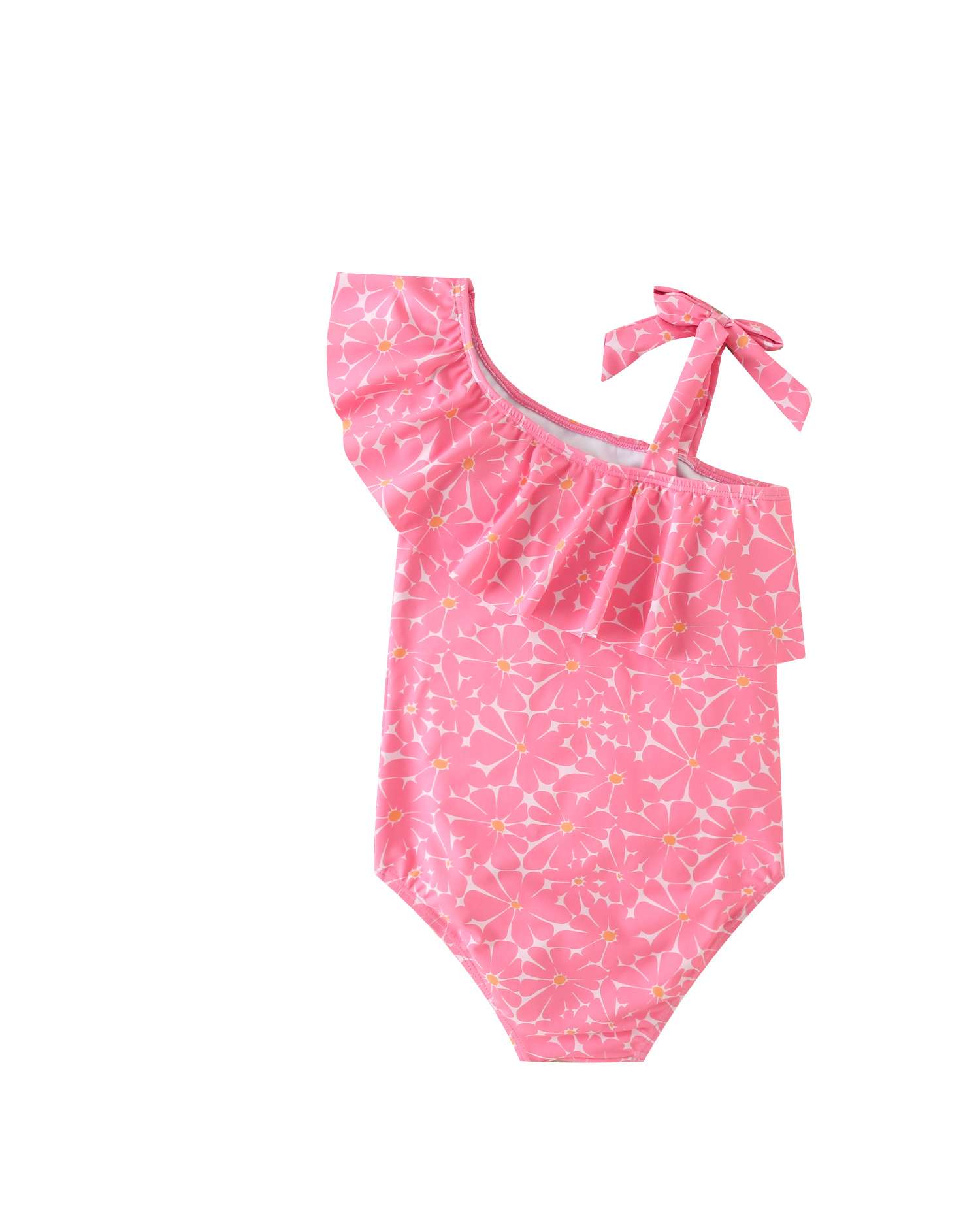 Fato de Banho Infantil de Flores Assimétrico com Alça com Folho Rosa-2