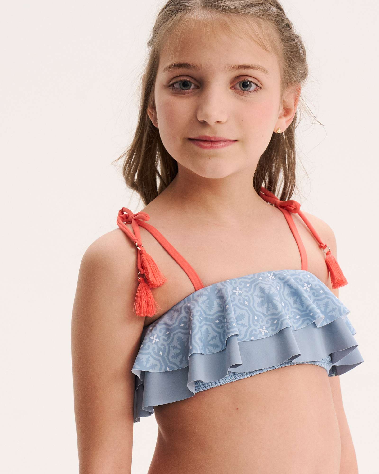 Biquíni Infantil com Estampado Geométrico e Folhos Azul-3