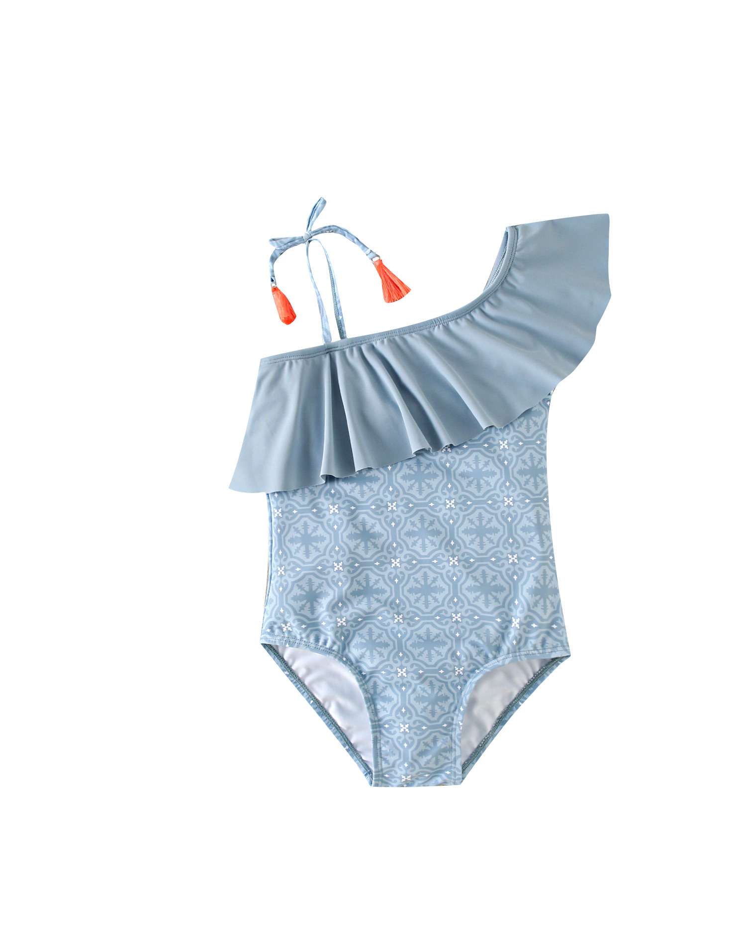 Fato de Banho Infantil com Estampado Geométrico e Alça Assimétrica Azul-4