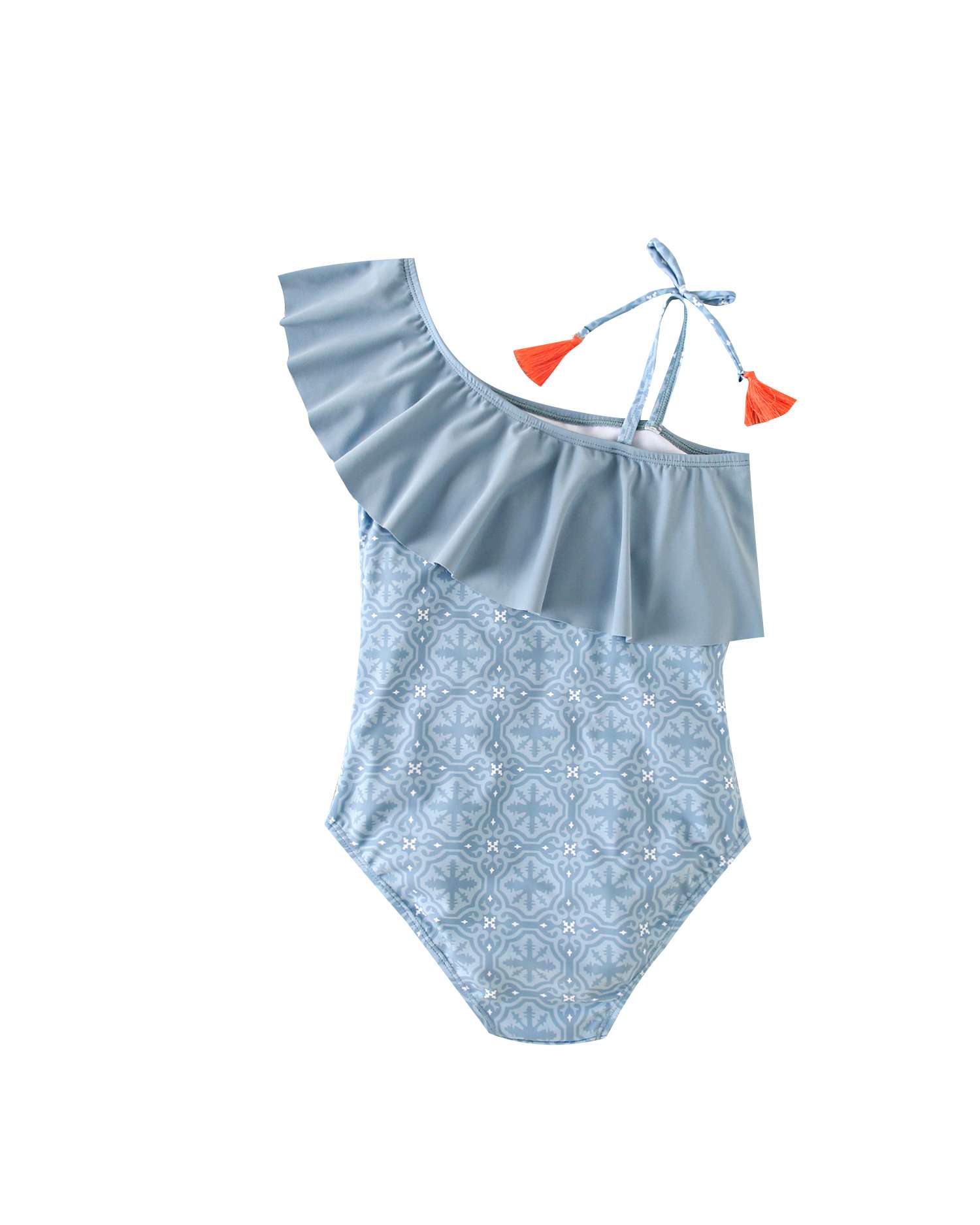 Fato de Banho Infantil com Estampado Geométrico e Alça Assimétrica Azul-5