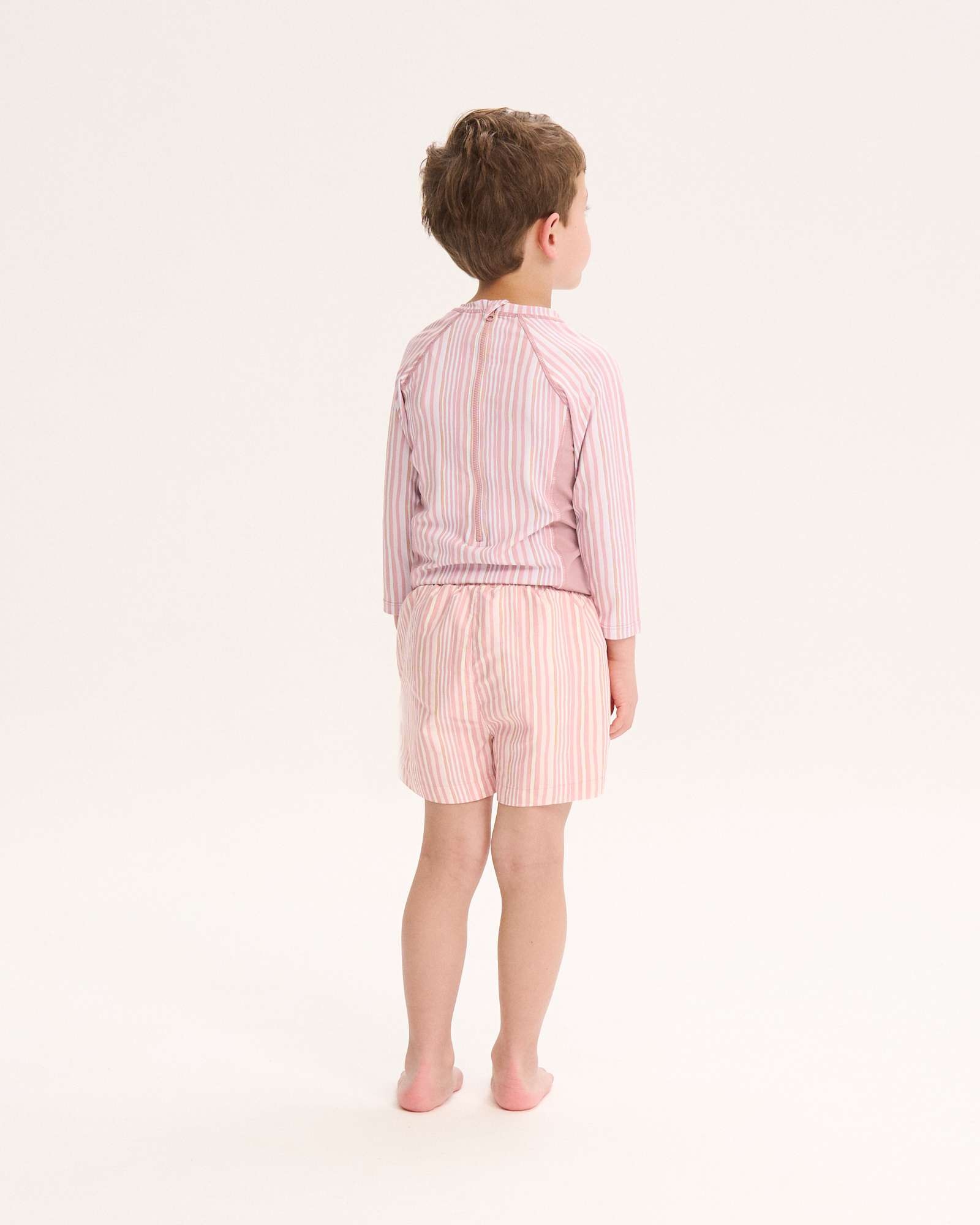 Fato de Banho Infantil Às Riscas com Cintura com Cordão Ajustável Rosa-claro-2