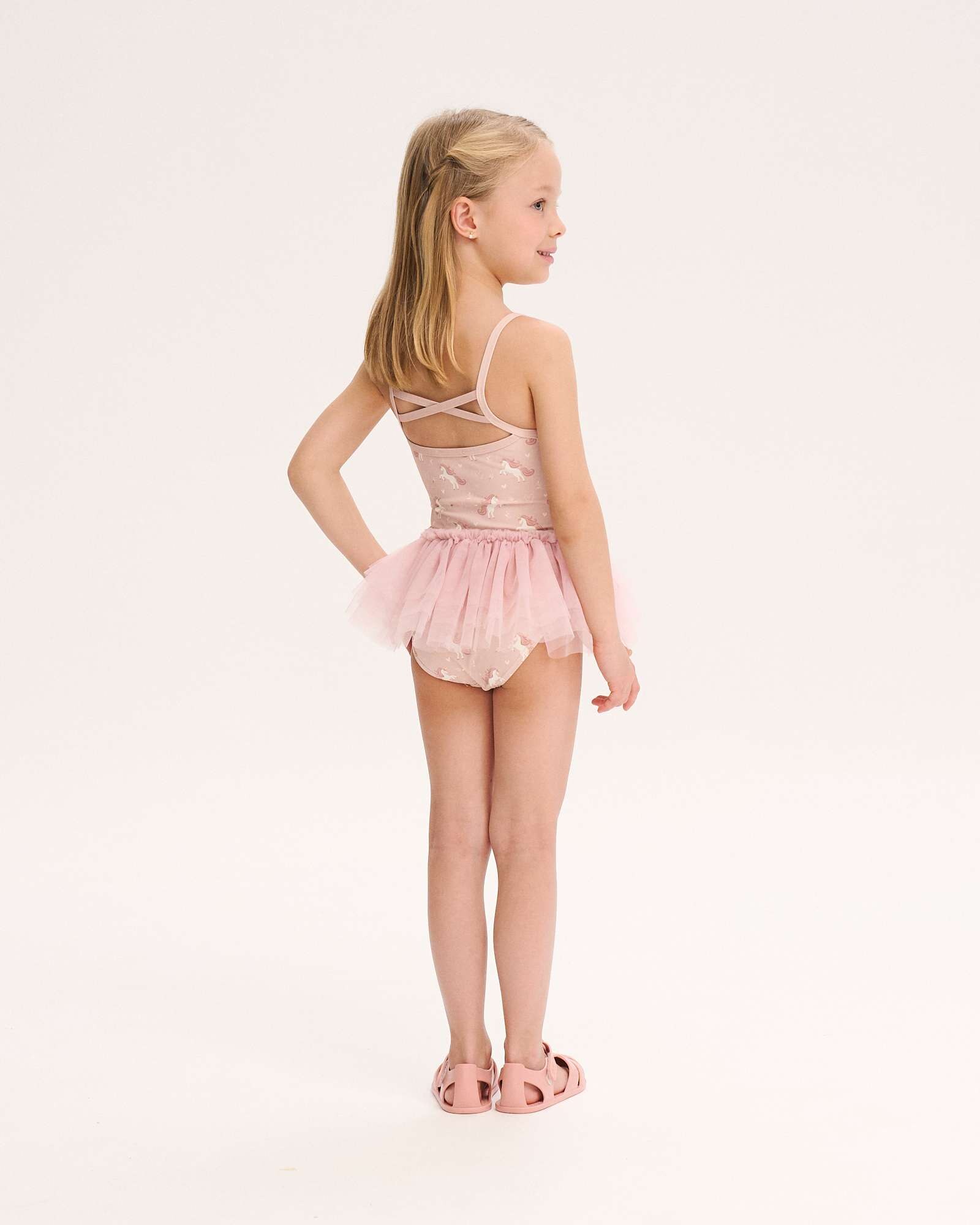 Fato de Banho Infantil de Unicórnios com Saia de Tule Rosa-claro-2