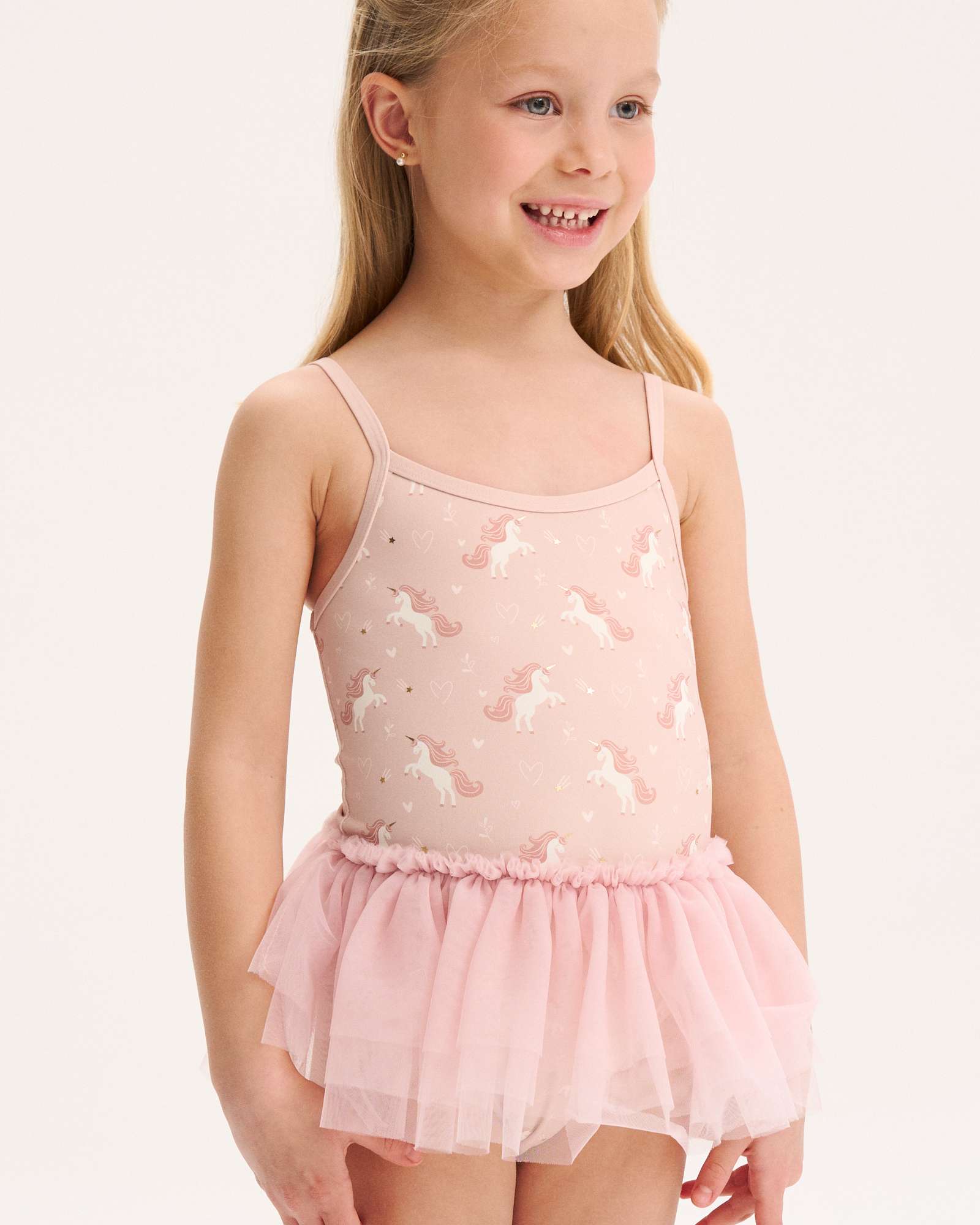 Fato de Banho Infantil de Unicórnios com Saia de Tule Rosa-claro-3
