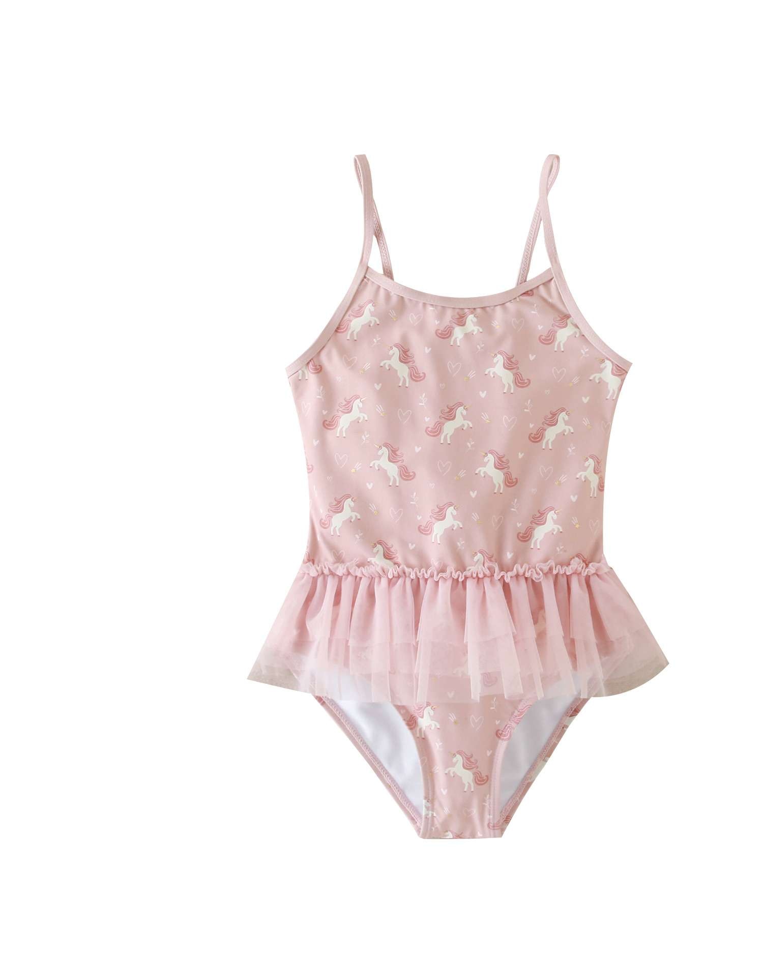Fato de Banho Infantil de Unicórnios com Saia de Tule Rosa-claro-4