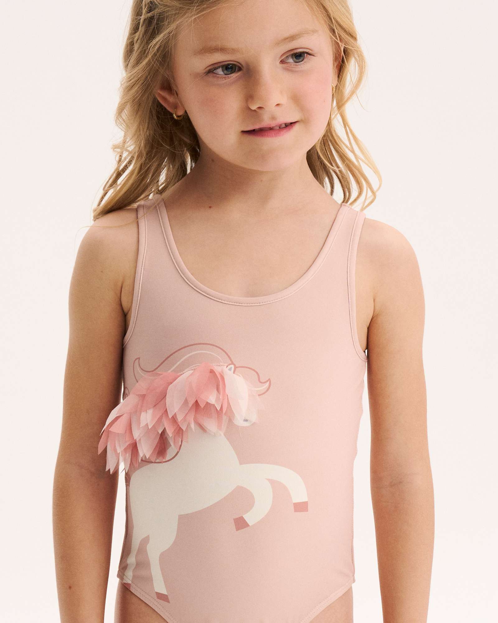 Fato de Banho Infantil com Desenho de Unicórnio com Pétalas de Gaze Rosa-claro-3