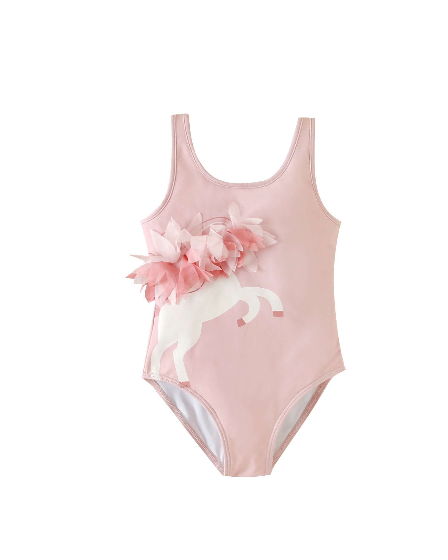 Fato de Banho Infantil com Desenho de Unicórnio com Pétalas de Gaze Rosa-claro-4