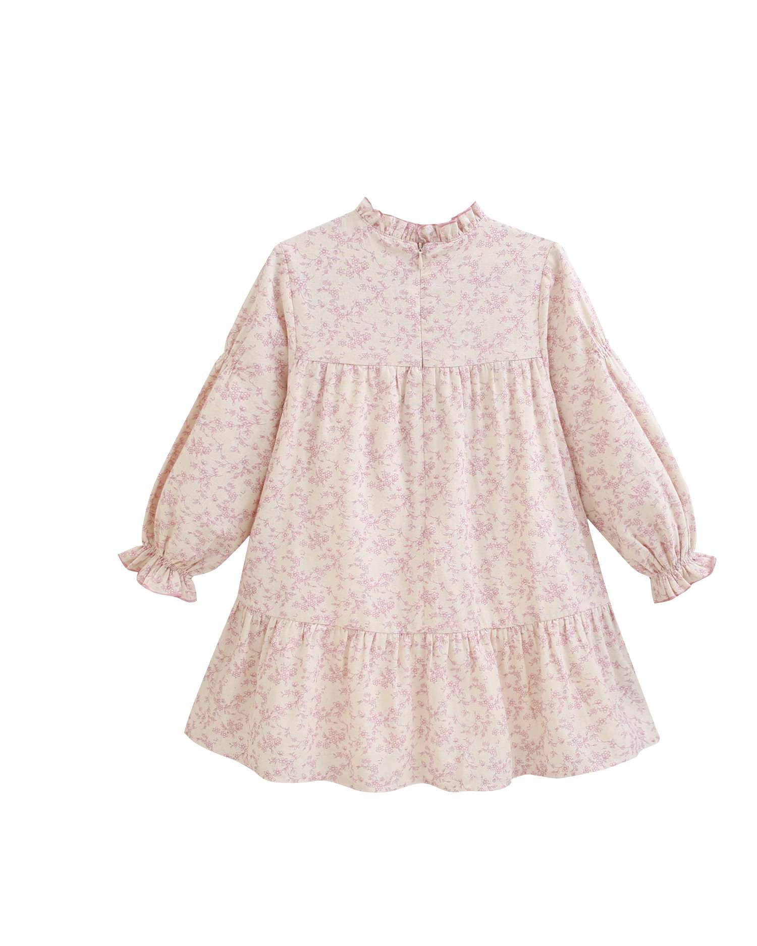 Vestido Infantil de Flores com Gola Franzida e Manga Abalonada Rosa-2