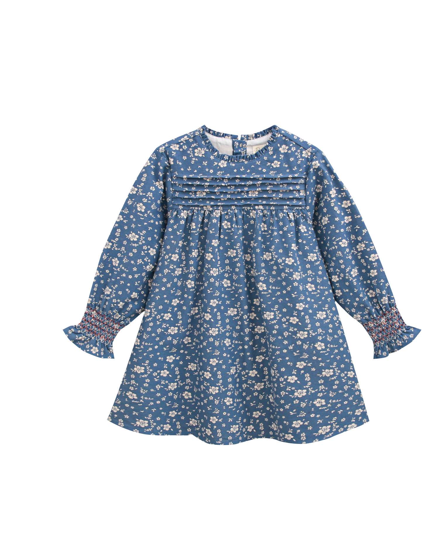 Vestido Infantil de Flores e Smock nos Punhos Azul-3