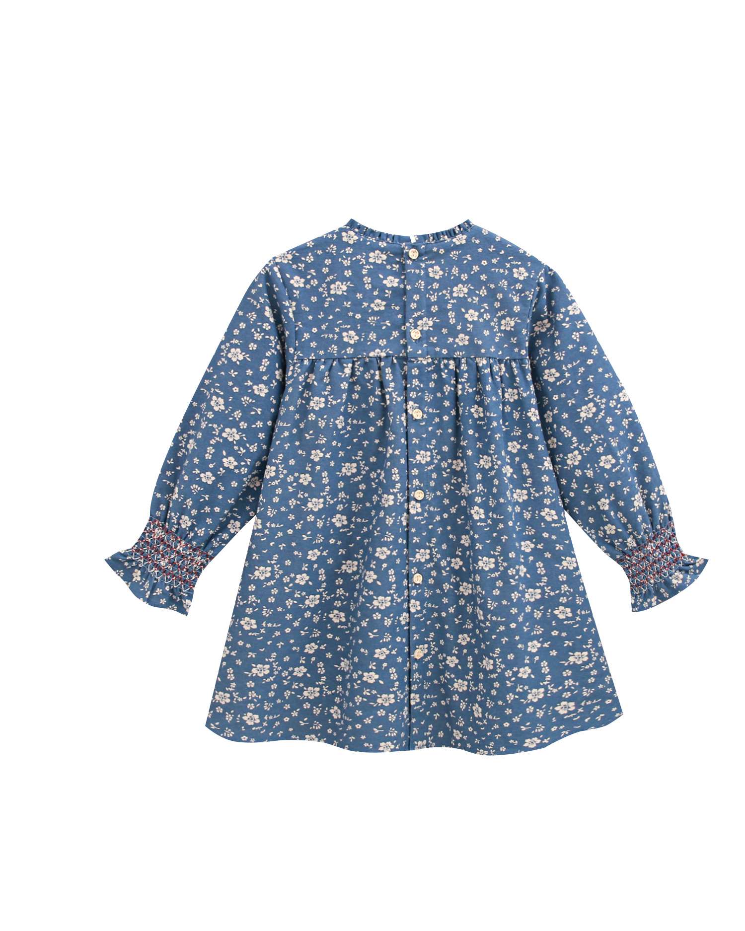Vestido Infantil de Flores e Smock nos Punhos Azul-4