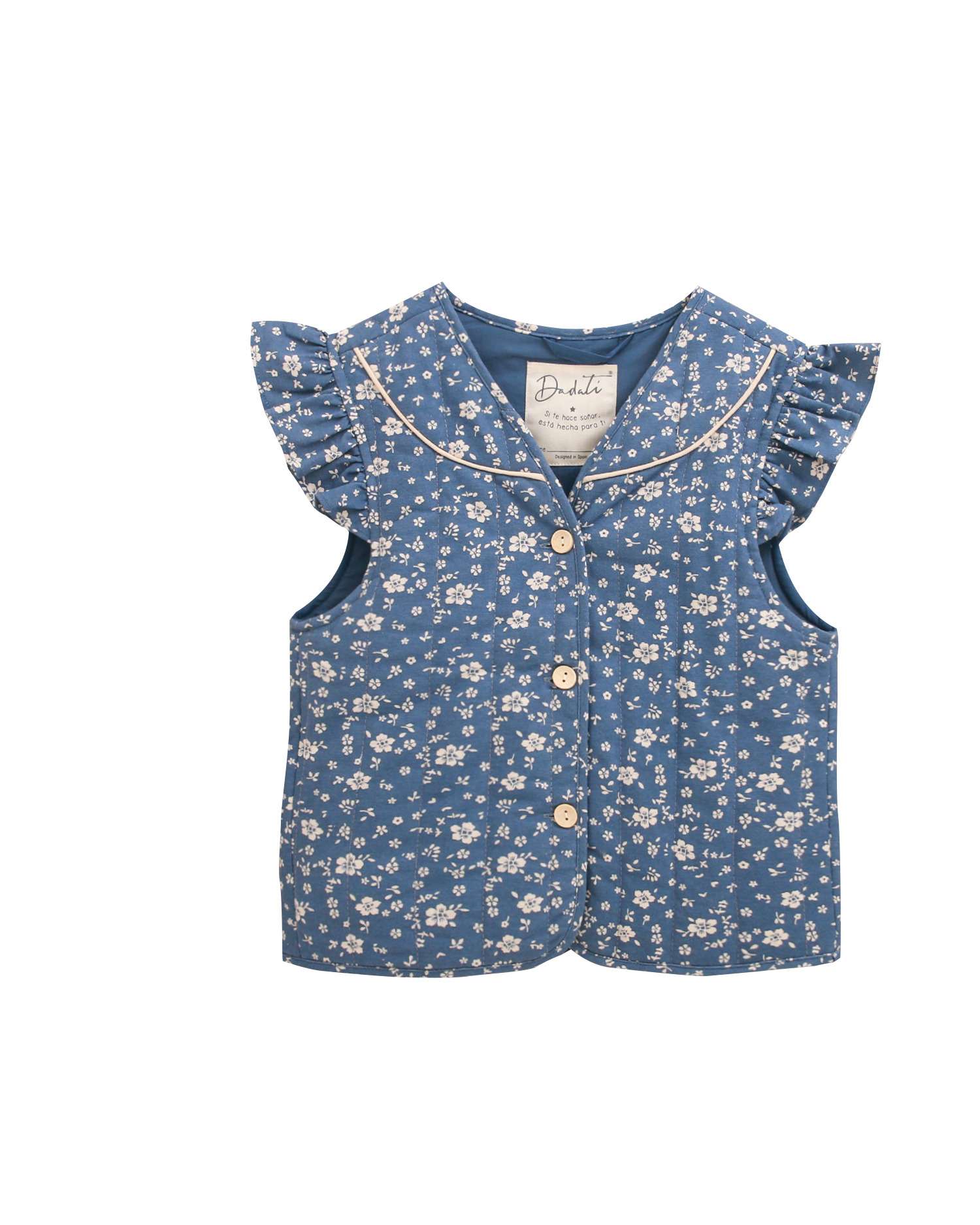 Colete Infantil Acolchoado Floral com Folhos nos Ombros Azul-1