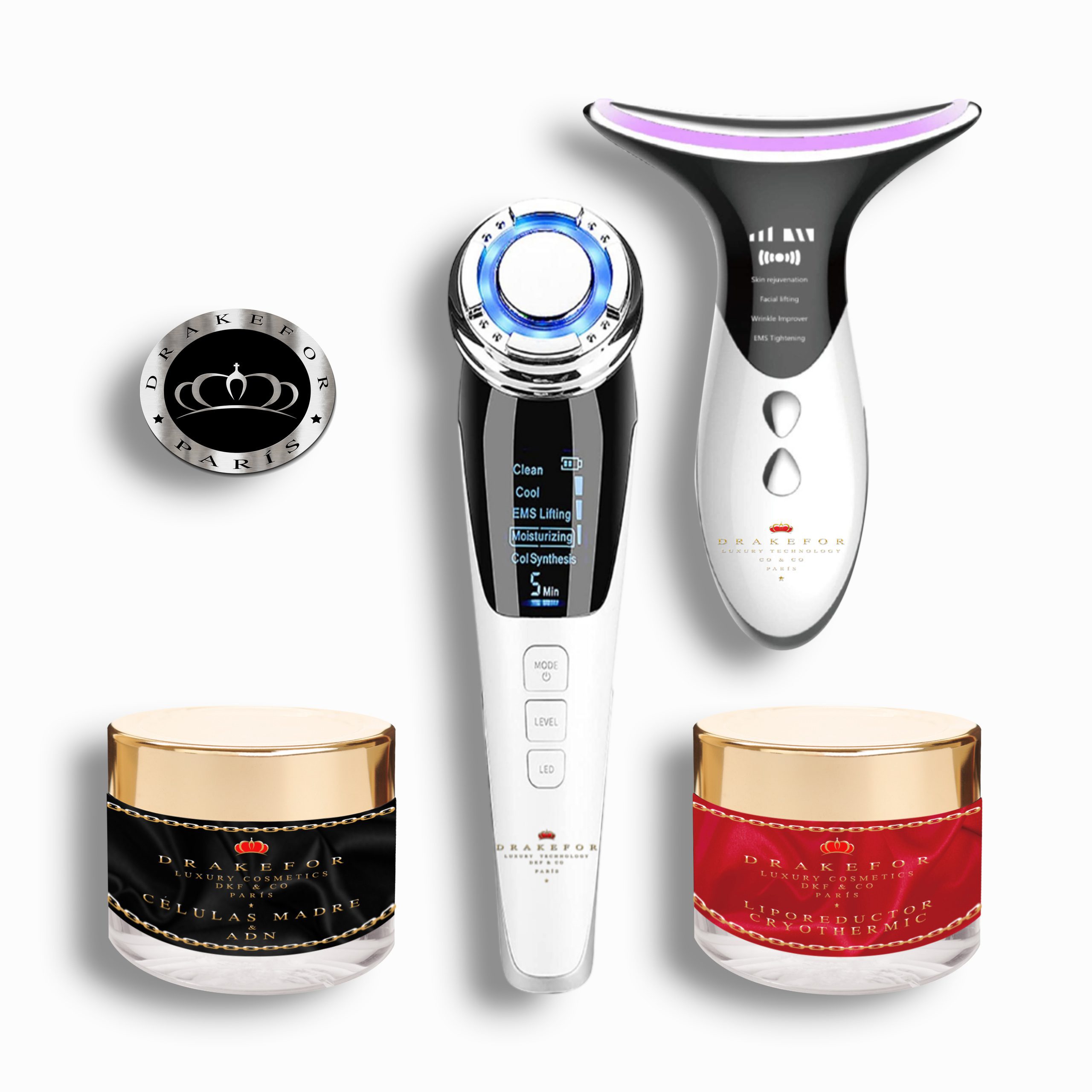 Imagem 0 de Set de Dispositivo Estético de Rejuvenescimento Facial e Reafirmante do Pescoço Drakefor DKF-Qliniq Duplo & Cosmetic Luxe