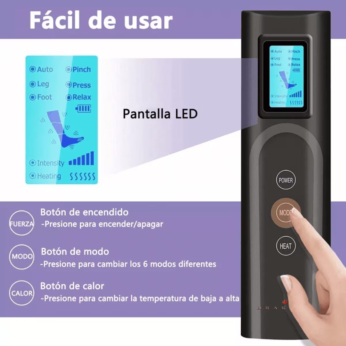 Dispositivo de Luxo Drakefor de Pressoterapia de Pernas e Calor do Joelho Preto / Azul-5