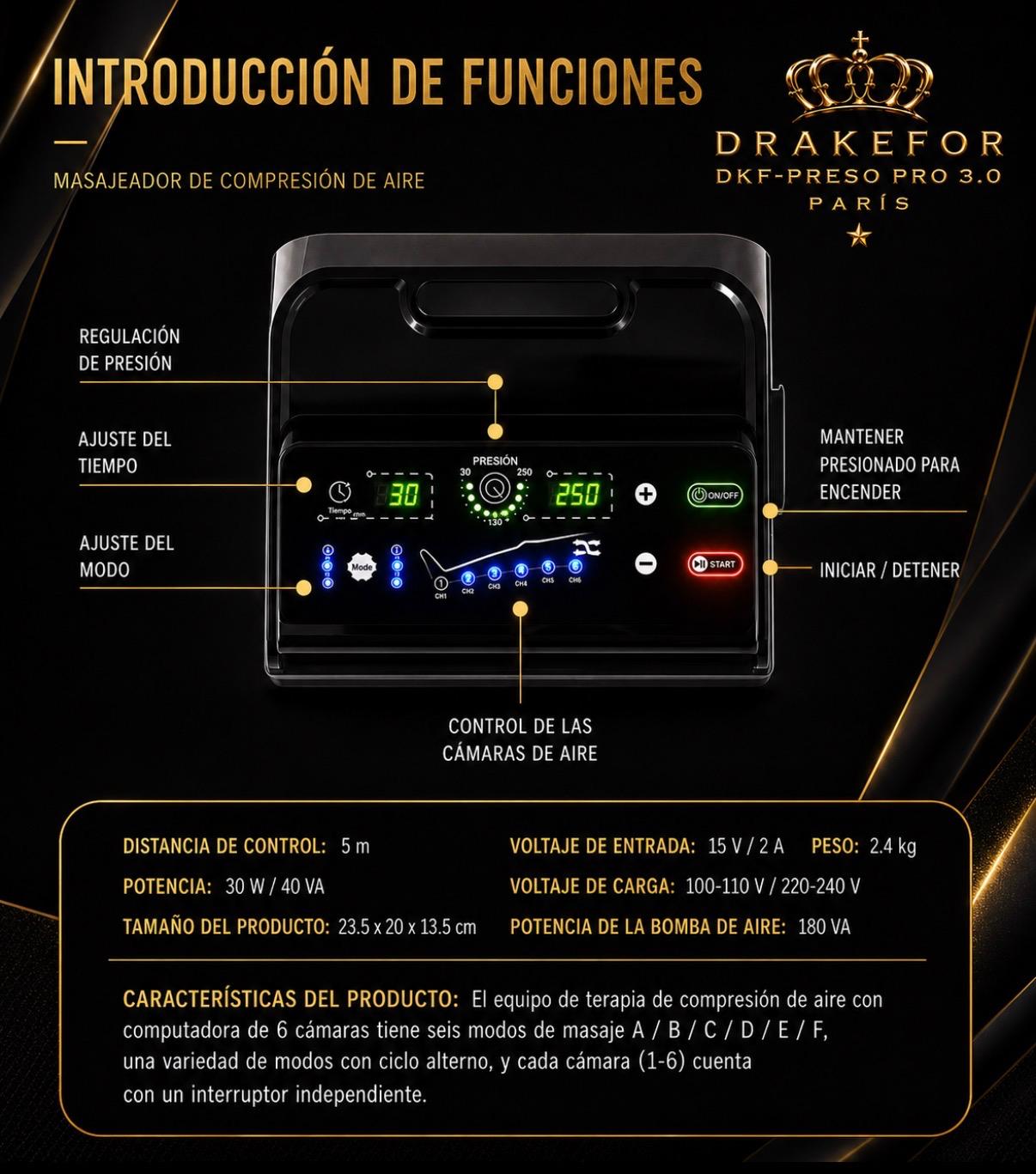 Dispositivo de Pressoterapia Profissional Drakefor DKF-Presoterapia Pro 3.0 com Controlo Remoto Preto-5