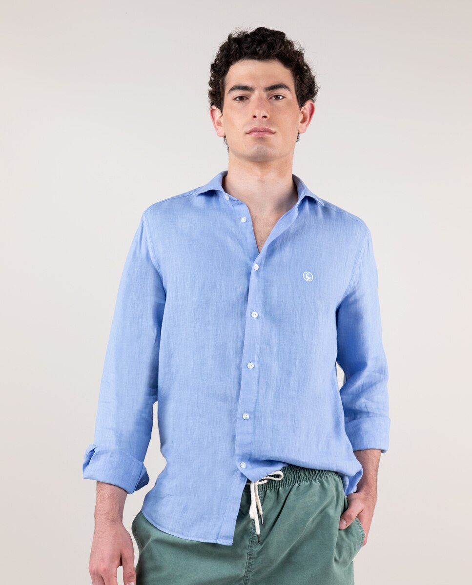 Camisa de Linho Regular Lisa em Azul Azul-1