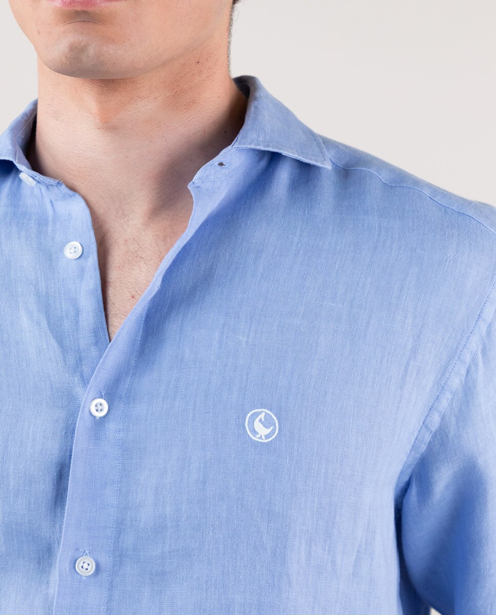 Camisa de Linho Regular Lisa em Azul Azul-5