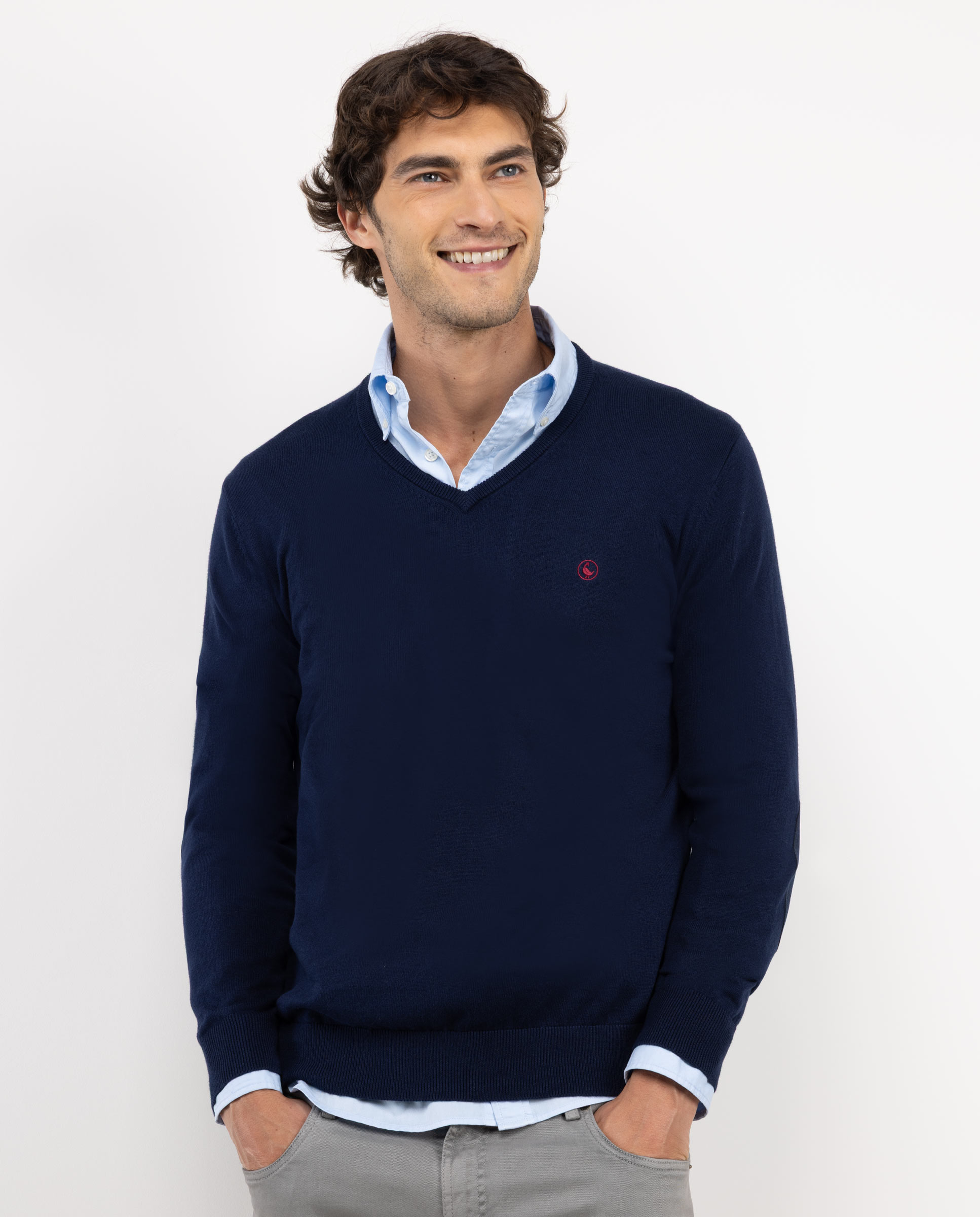 Camisola com Gola em V e Cotoveleiras Azul-marinho-1