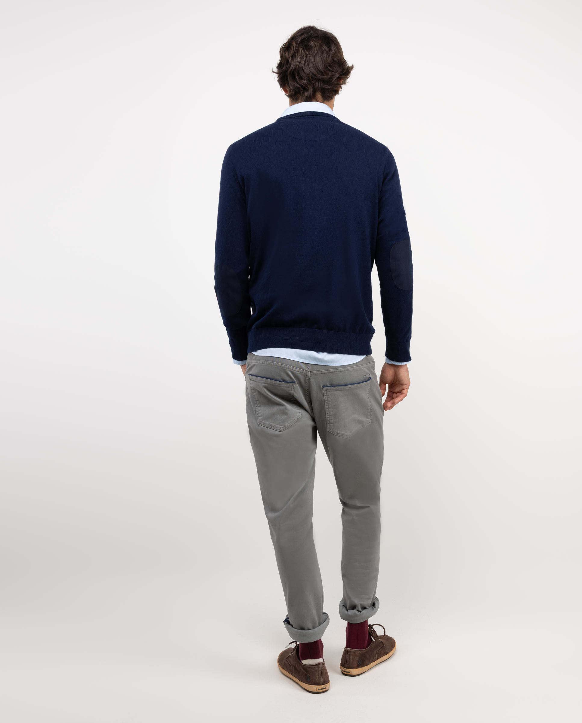 Camisola com Gola em V e Cotoveleiras Azul-marinho-4