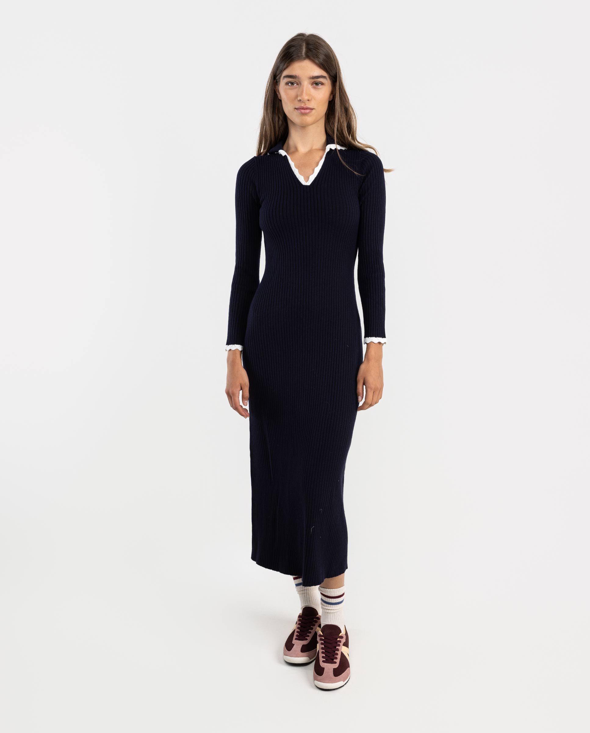 Vestido Comprido de Malha Canelada Azul-marinho-2