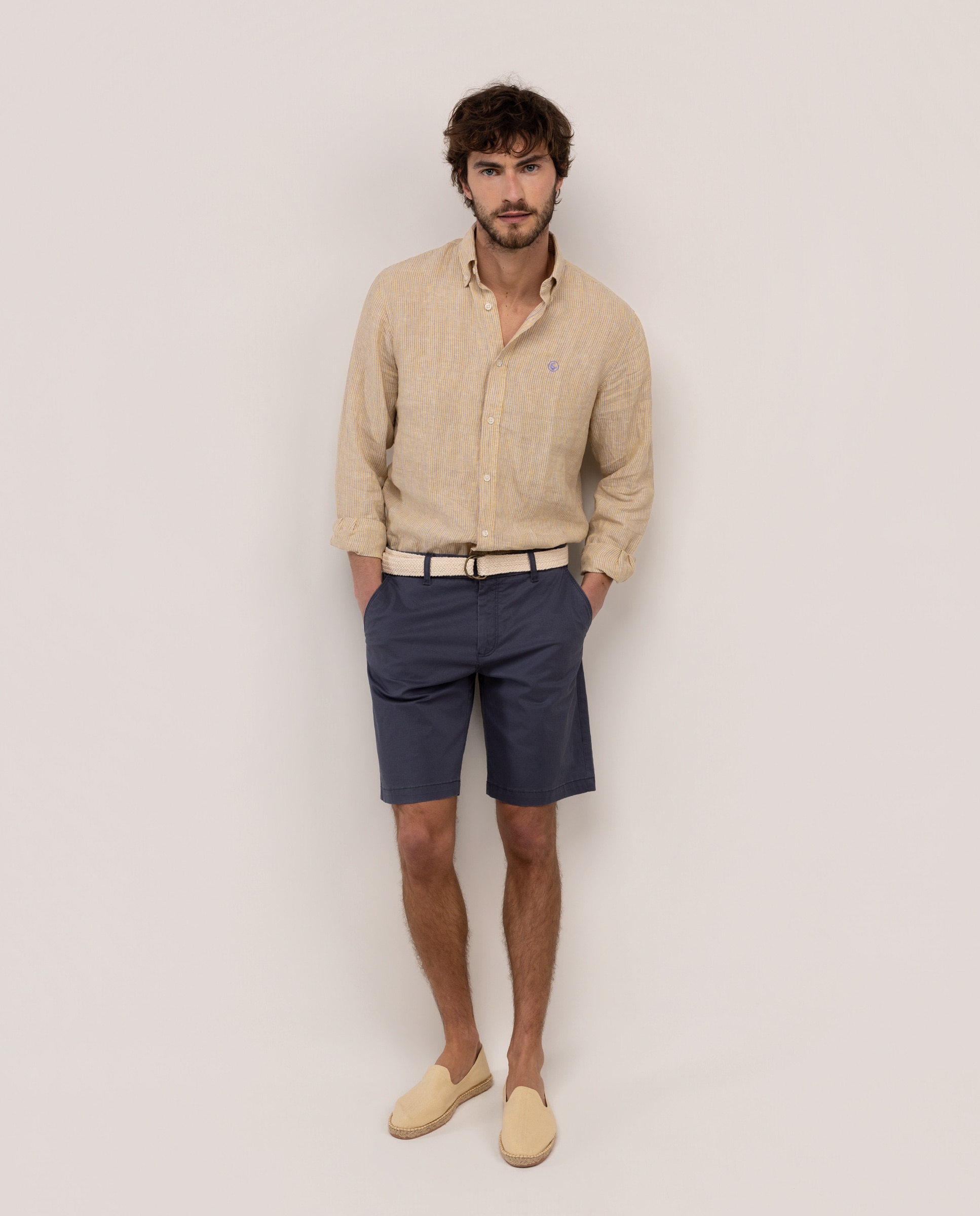 Camisa de Linho Às Riscas Button Down Laranja-2