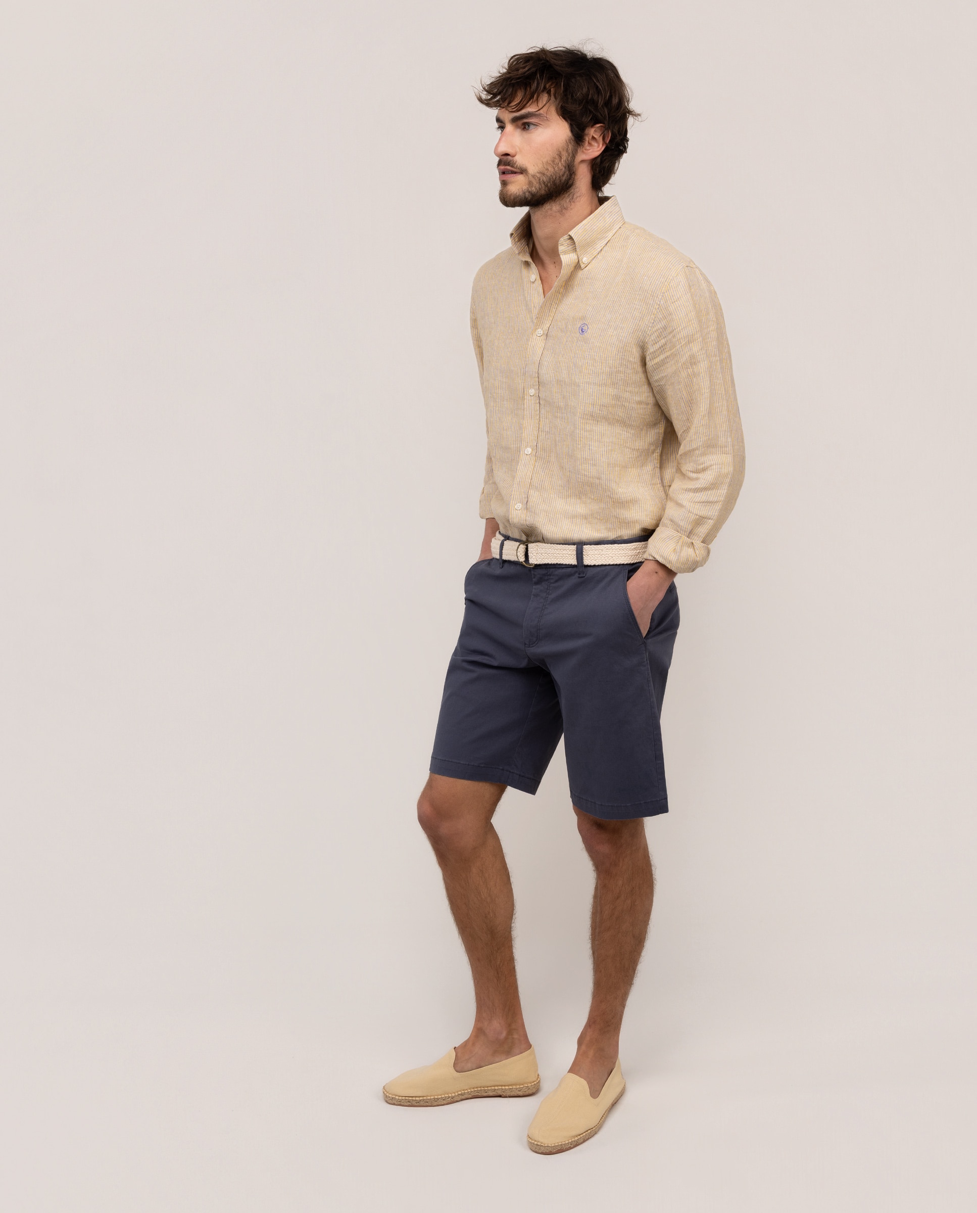Camisa de Linho Às Riscas Button Down Laranja-3