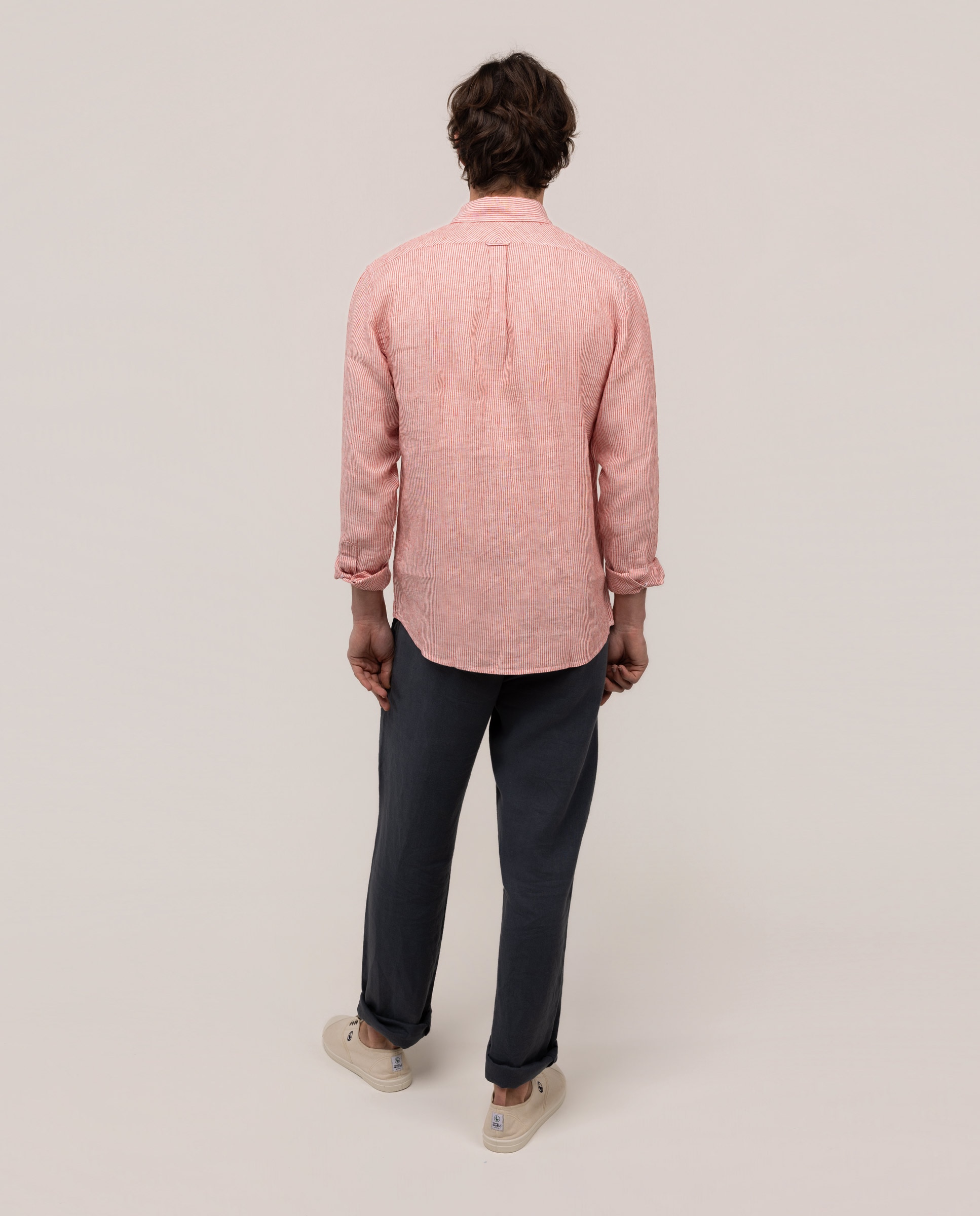 Camisa de Linho Às Riscas Button Down Vermelho-4