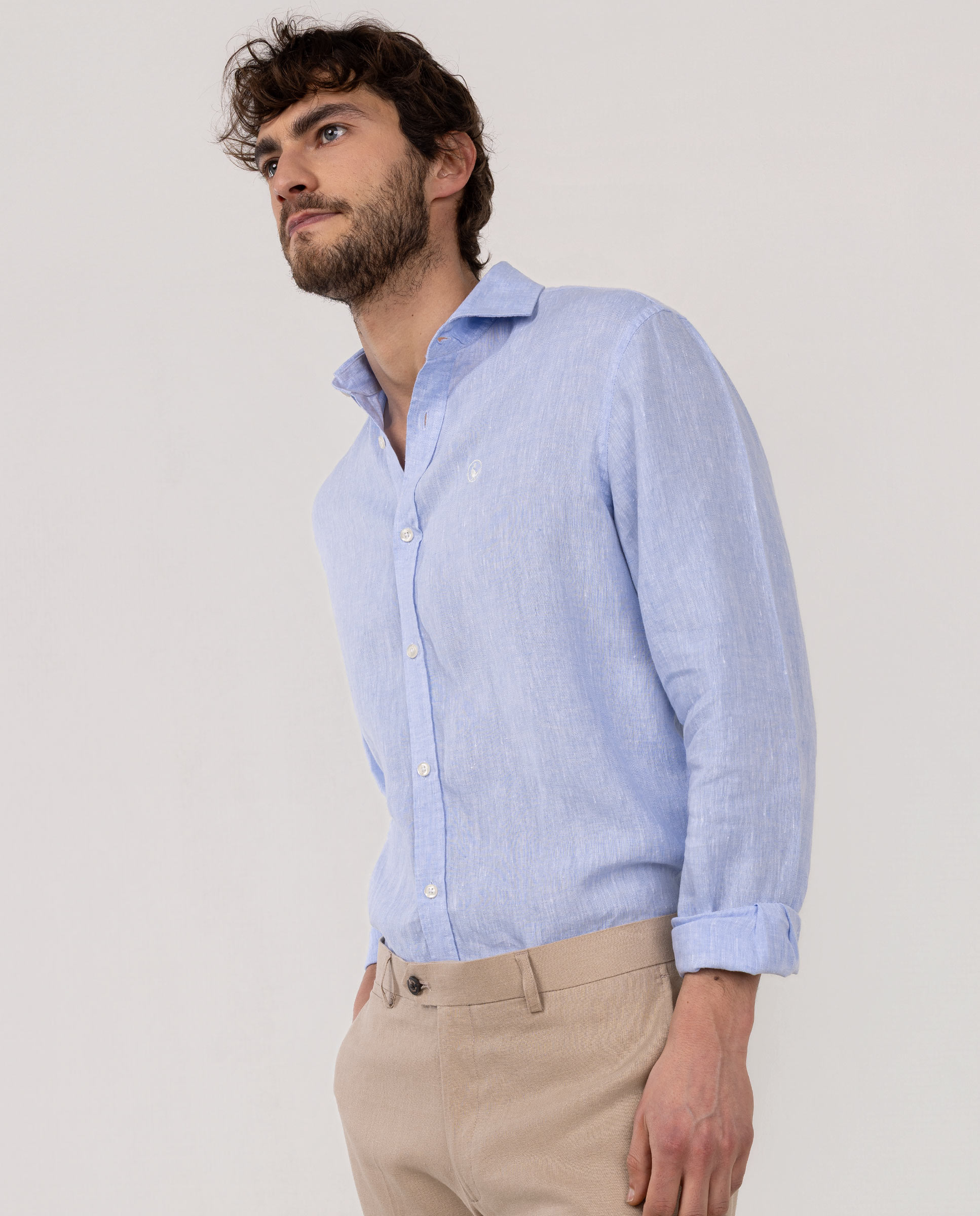 Camisa de Linho com Gola Italiana Azul-celeste-3