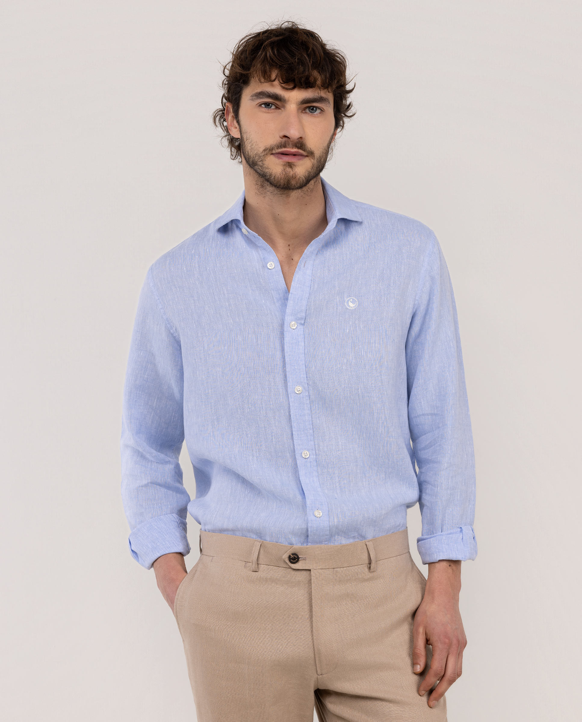 Camisa de Linho com Gola Italiana Azul-celeste-4