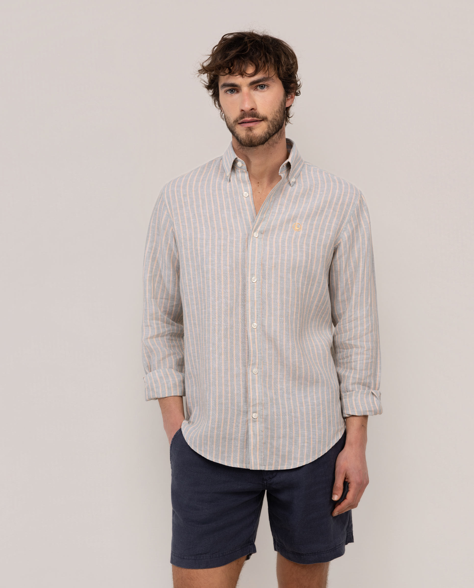 Camisa de Linho Chambray Às Riscas Verde-1