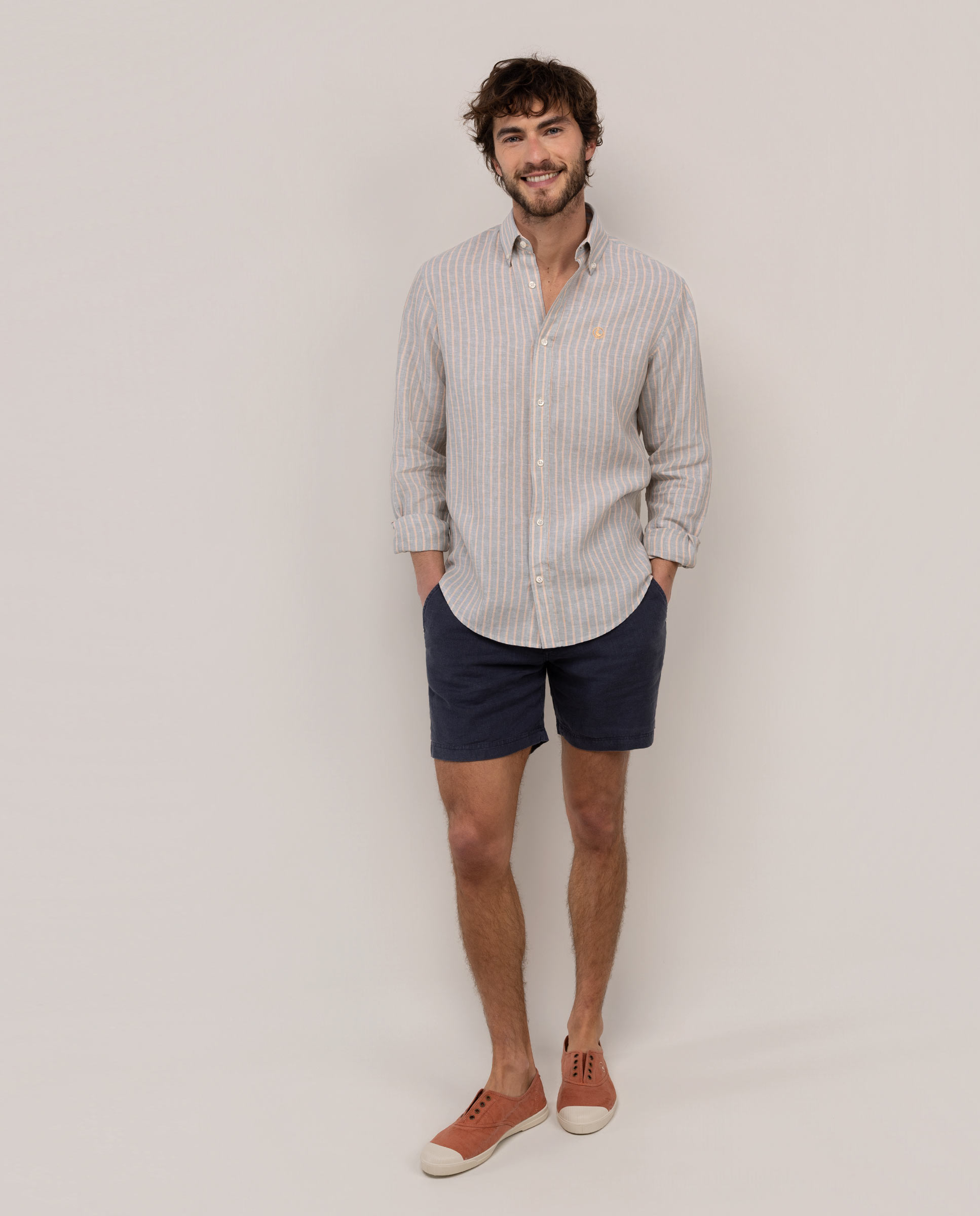 Camisa de Linho Chambray Às Riscas Verde-2