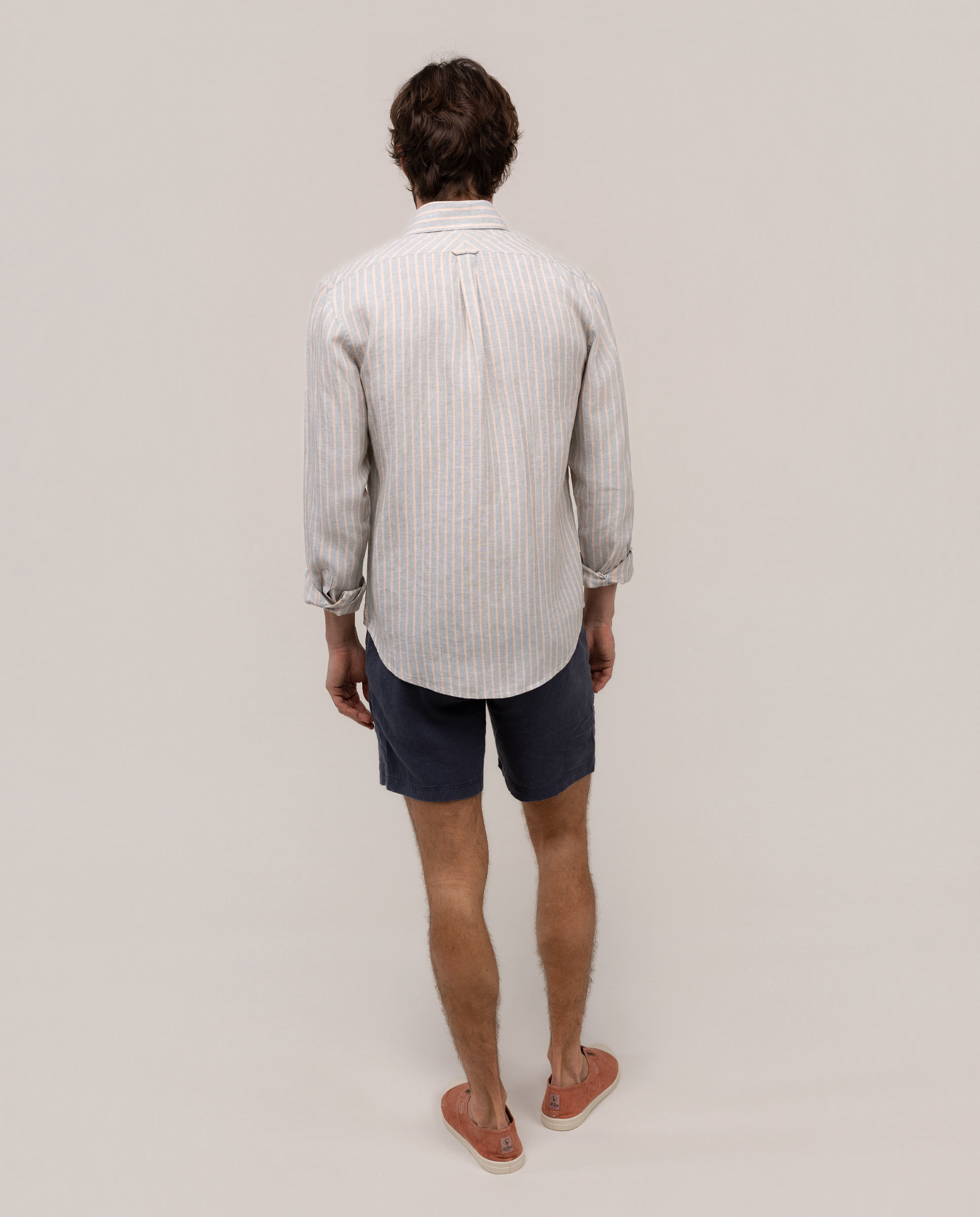 Camisa de Linho Chambray Às Riscas Verde-3