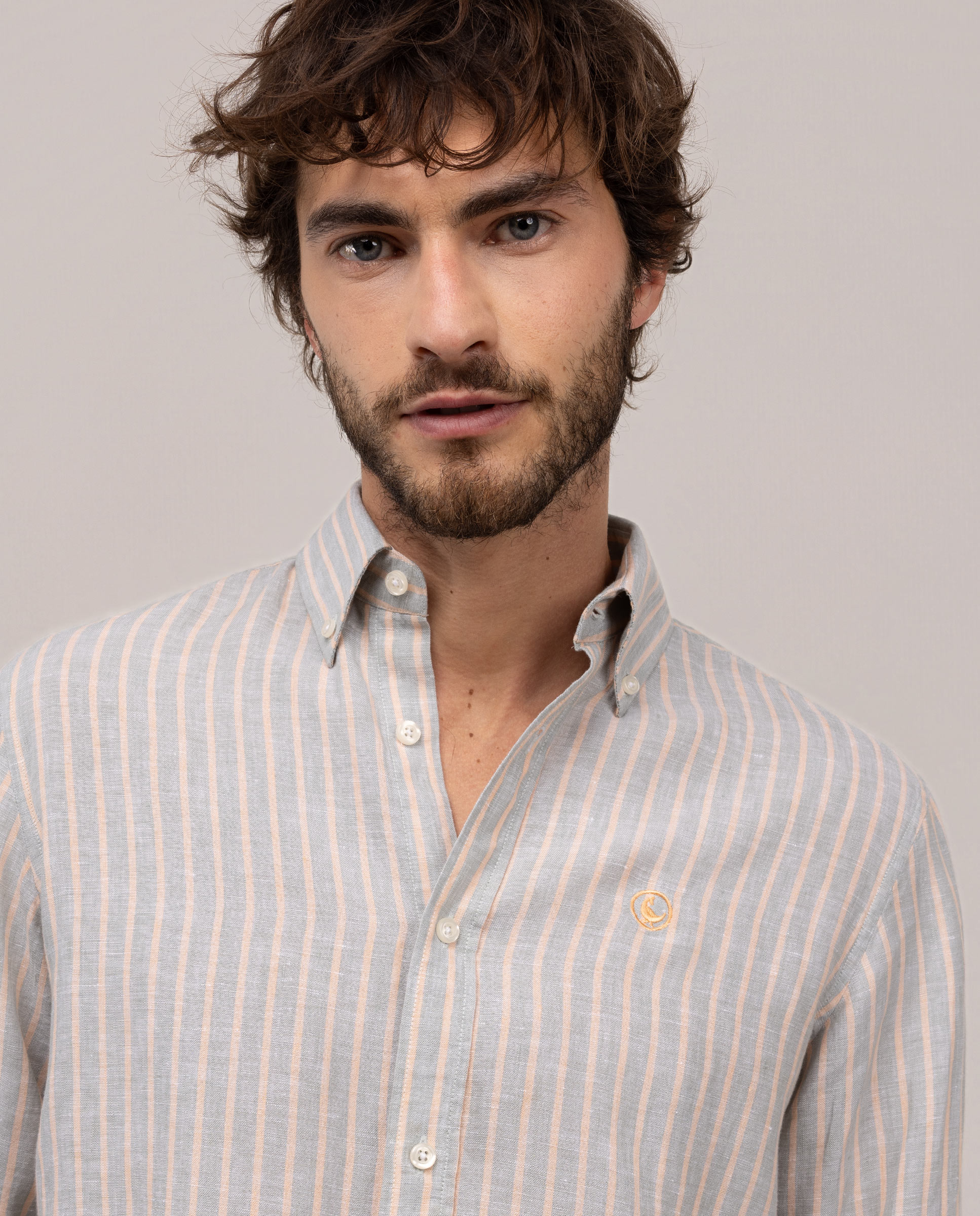 Camisa de Linho Chambray Às Riscas Verde-4