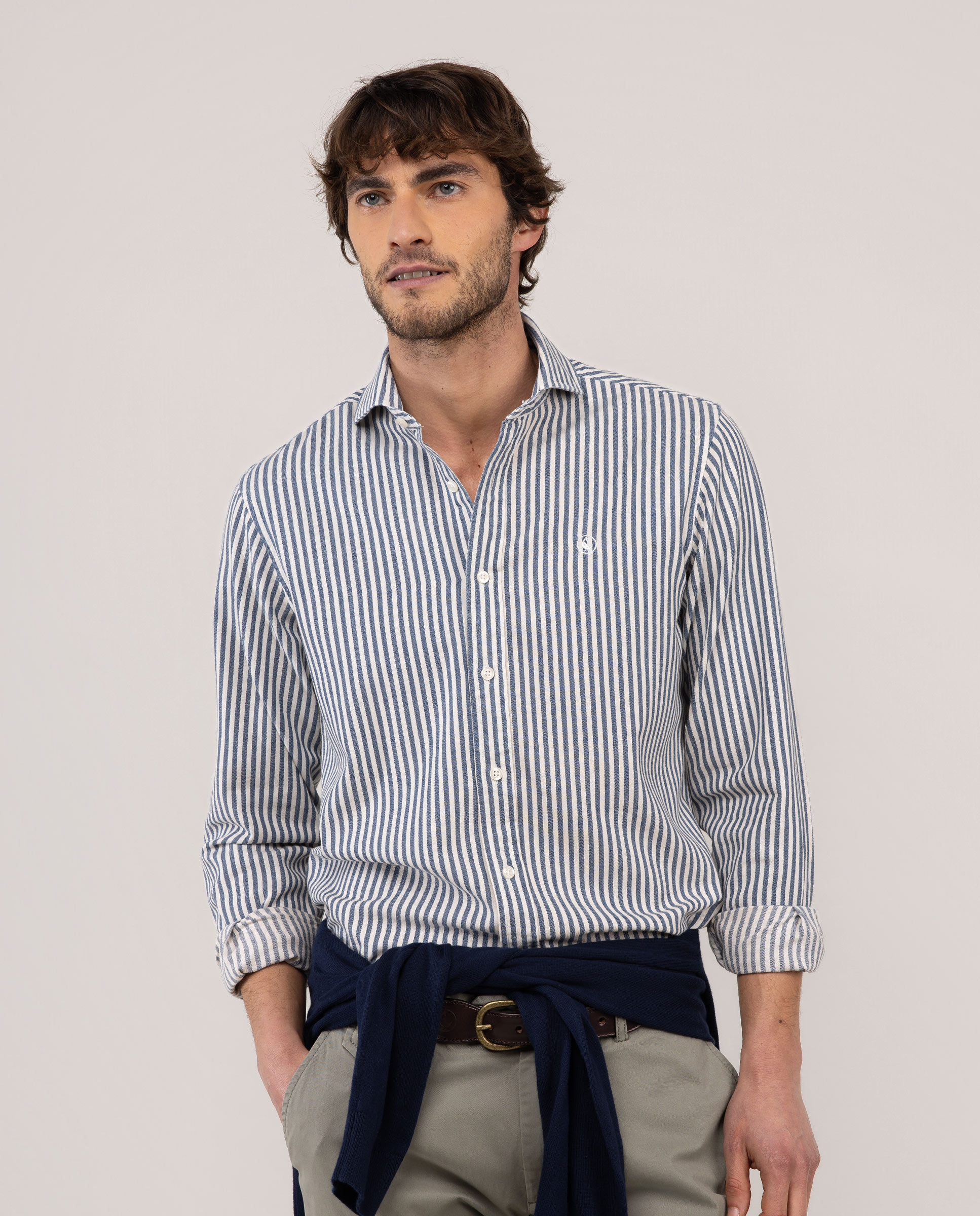 Camisa Denim Às Riscas Azul-1