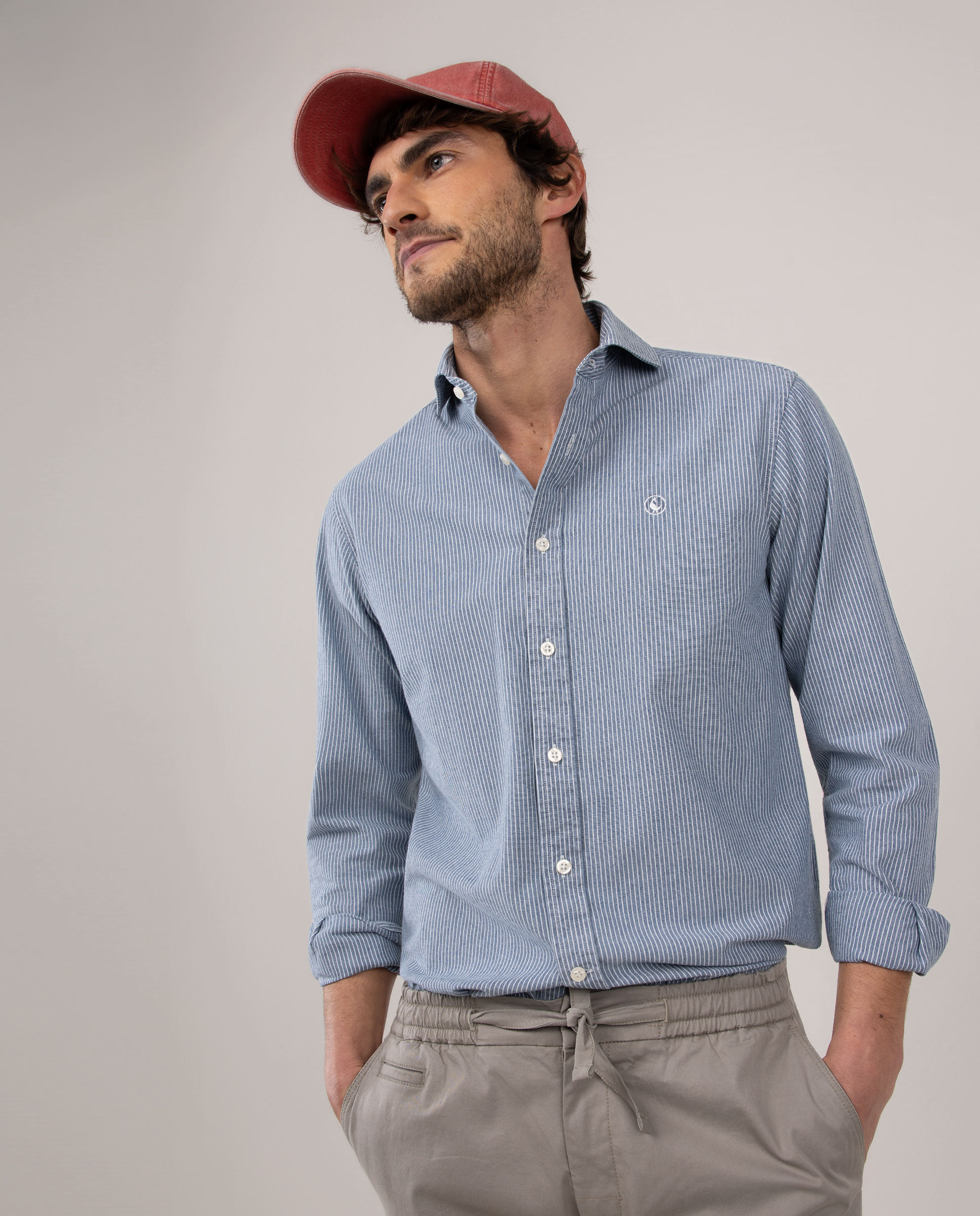 Camisa Denim Às Riscas Azul-4