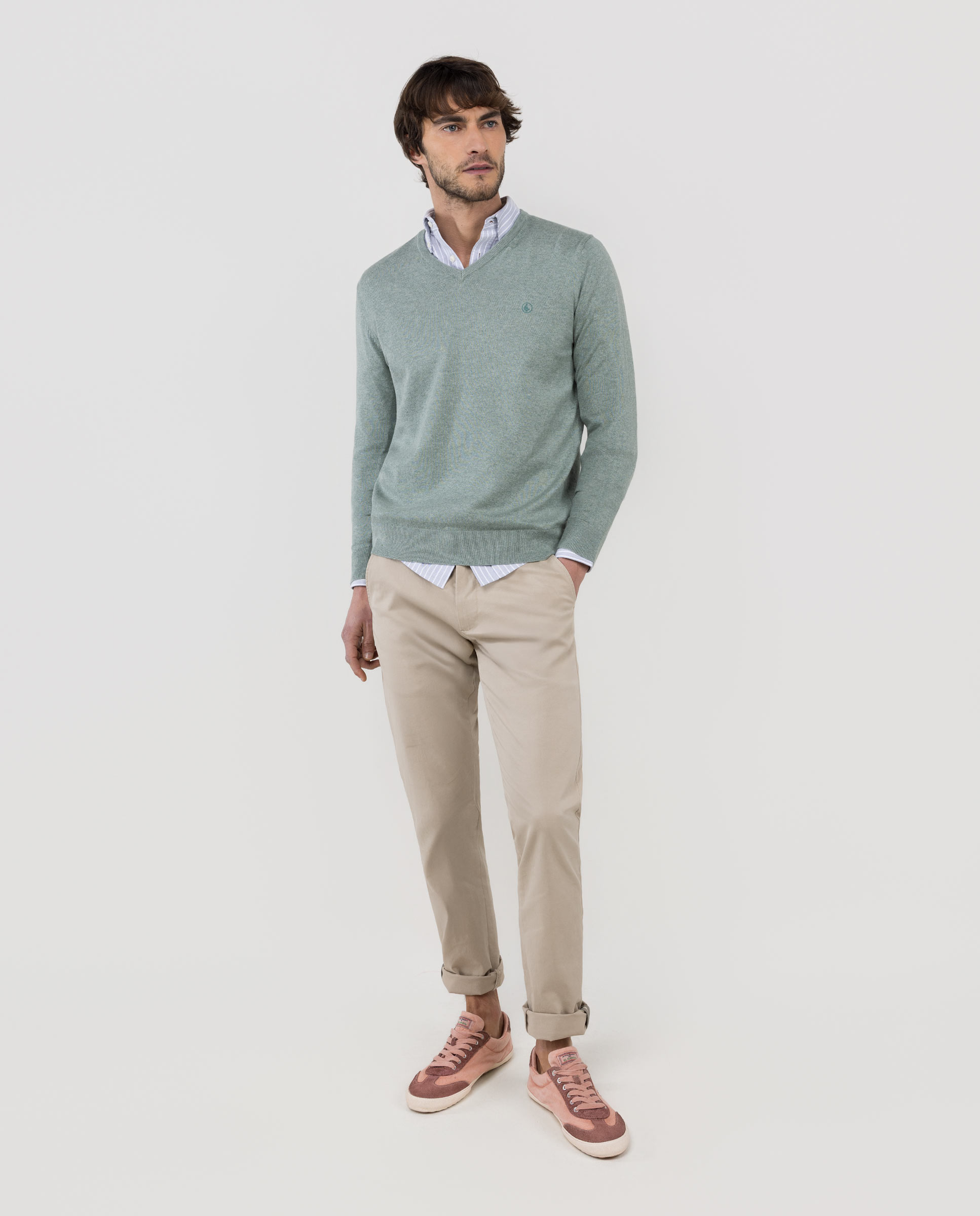 Camisola com Gola em V Lisa Verde-menta-2